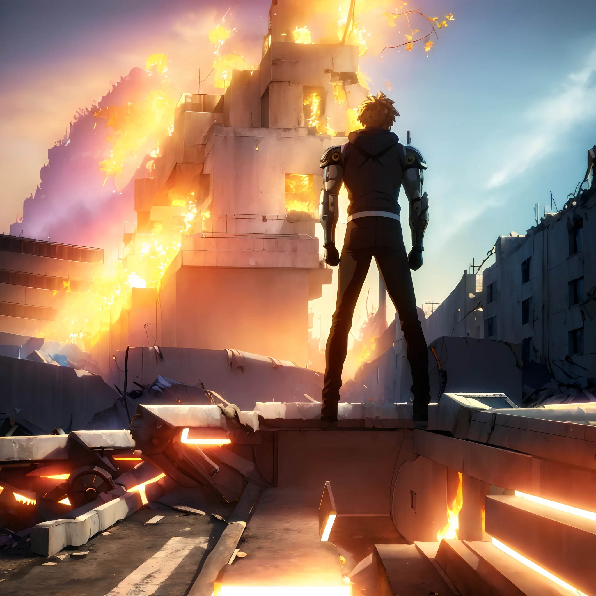 (masterpiece, best quality:1.4), colorful, high contrast, genos hoodie, sleeveless, black pants, mechanical arms, upper body, from behind, looking back, standing in a destroyed City, flame everywhere.