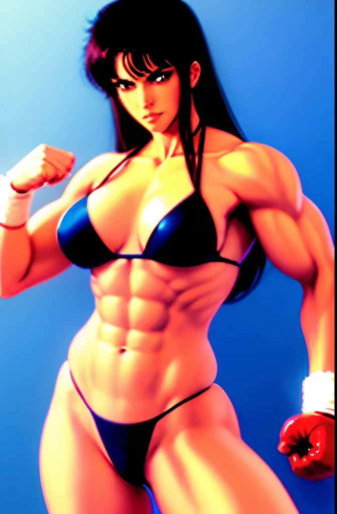 sexy ((muscular)) girl, karate, concentrated, ring fighter, dark hair, dark eyes, (thong), superb