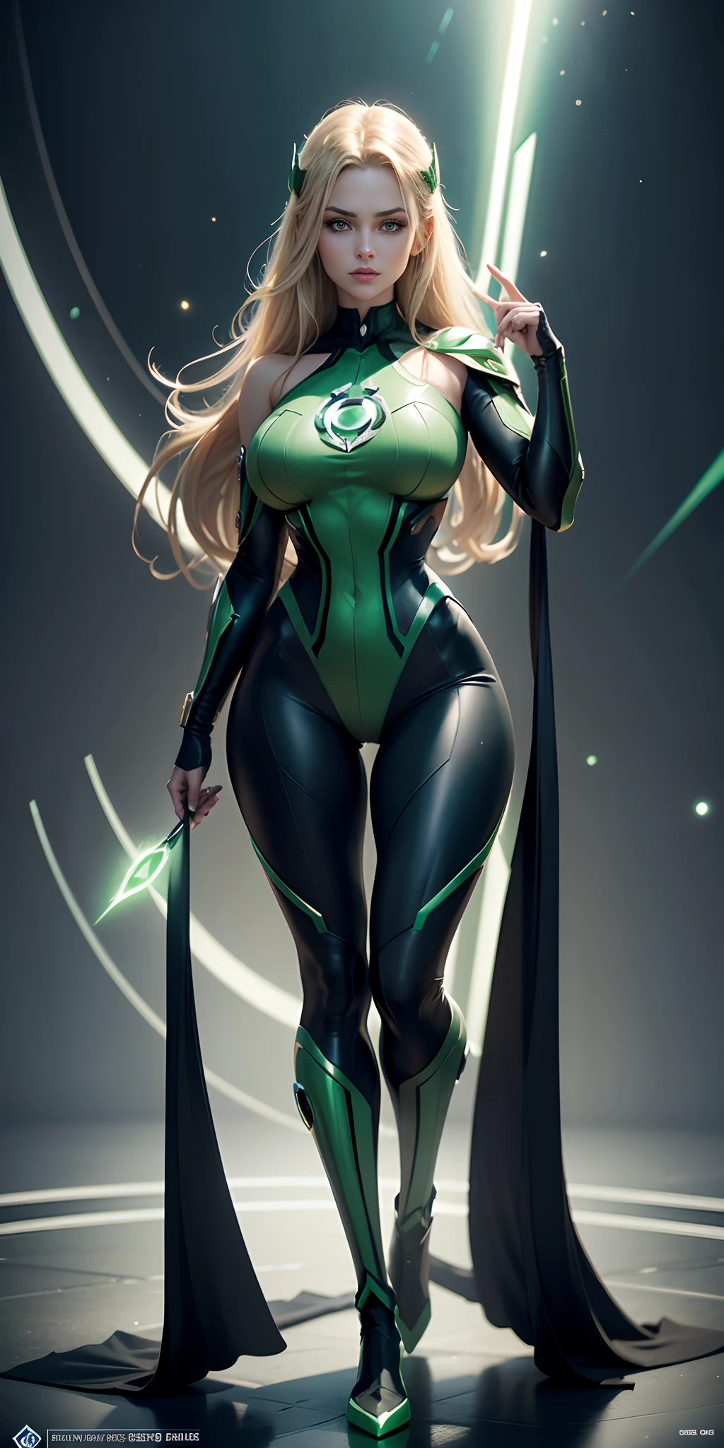 Masterpice, Woman dressed as Green Lantern from DC, big breasts, big butt, sexy body, black blond hair, green ring in hand, green eyes, eyes madk, frontal, full-length, looking at the camera, facing the audience, standing posture, Galaxy background, three-dimensional light, detailed full-body concept, sleek digital concept art, beautiful full-body concept art, art trend, CGsociety full-length,