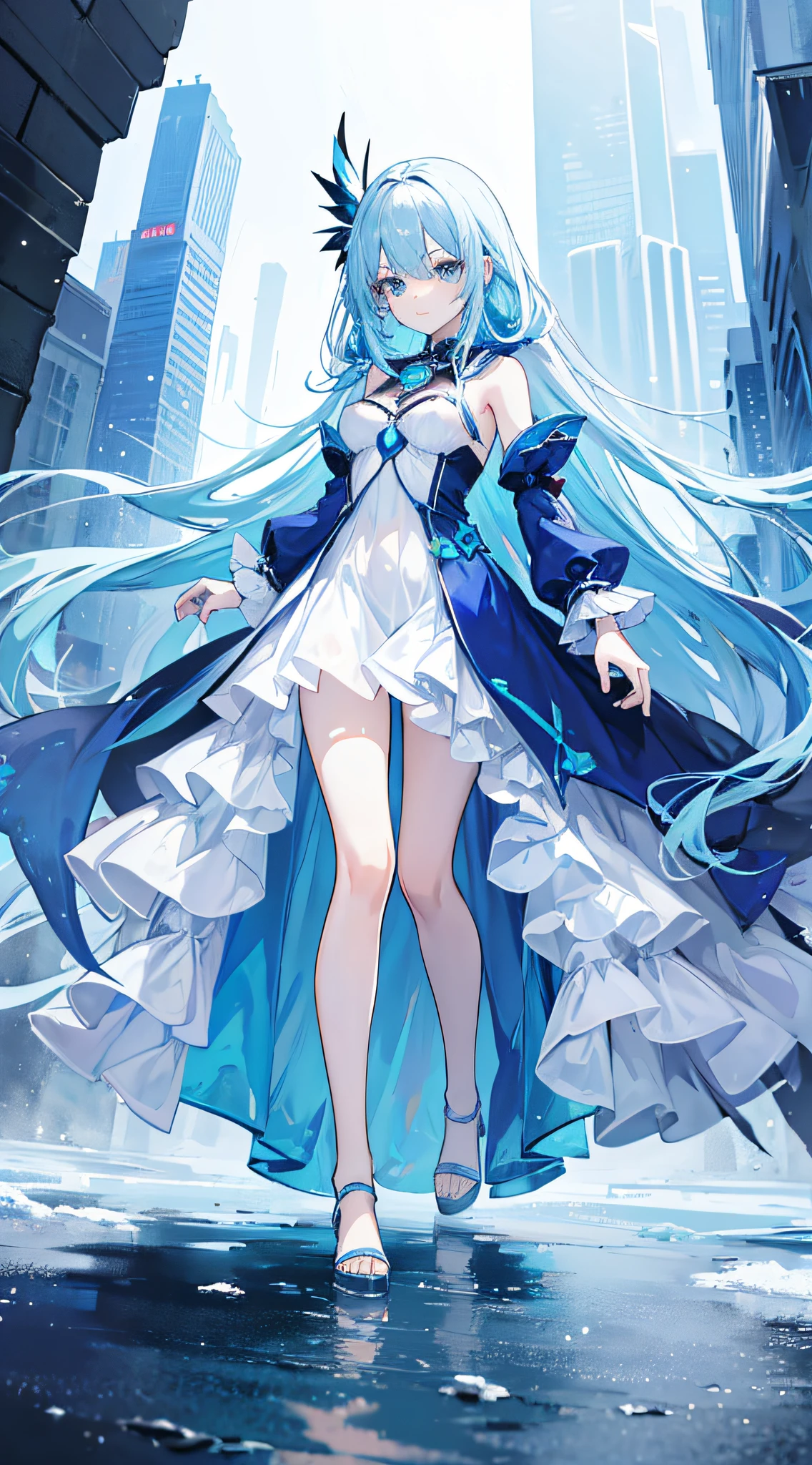 Cold girl White pupils Aqua blue hair Long hair Cold expression ，a blue dress，full-body photo on the front，All body，Fingers and arms are not exposed