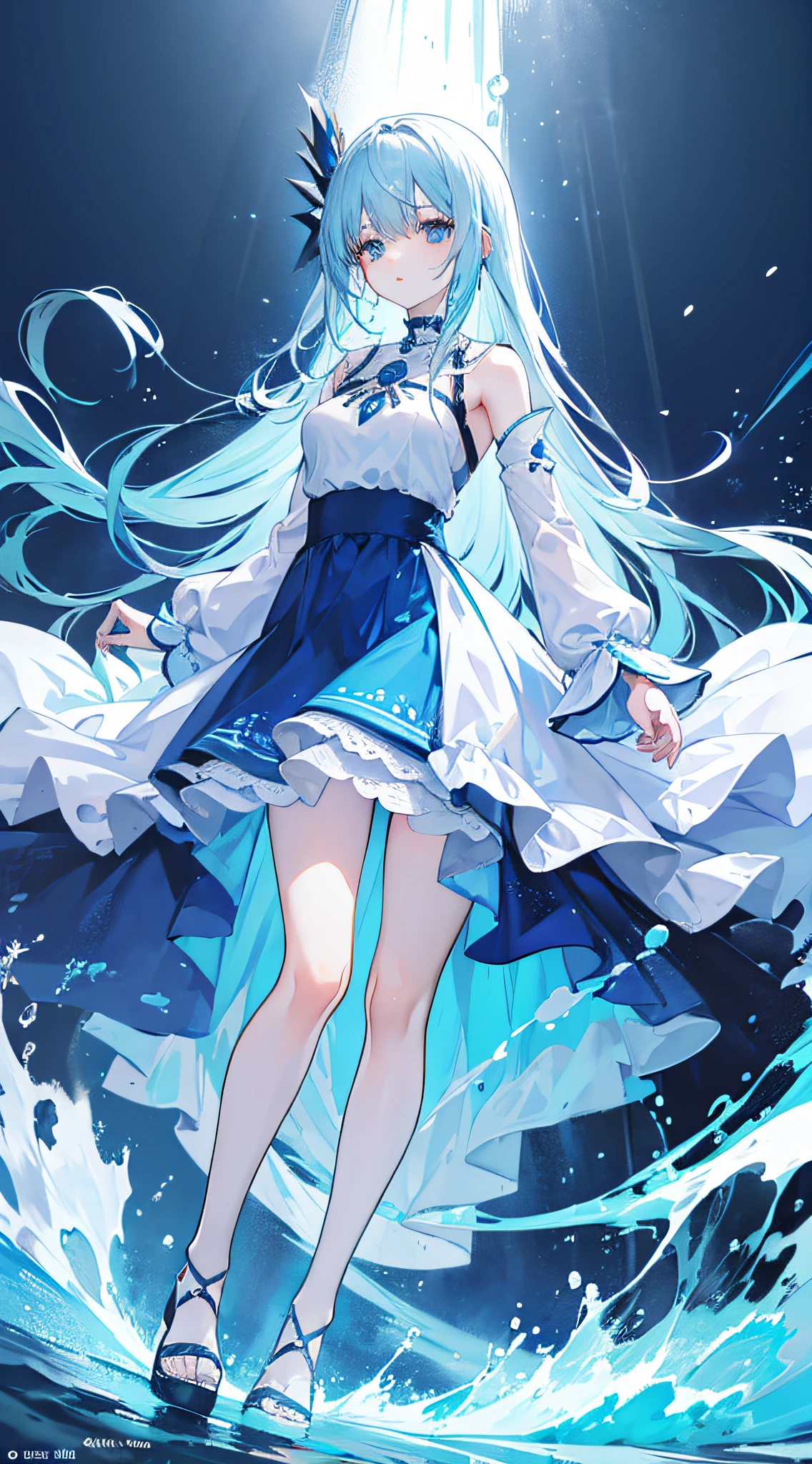 A woman in a blue dress standing in the water - SeaArt AI