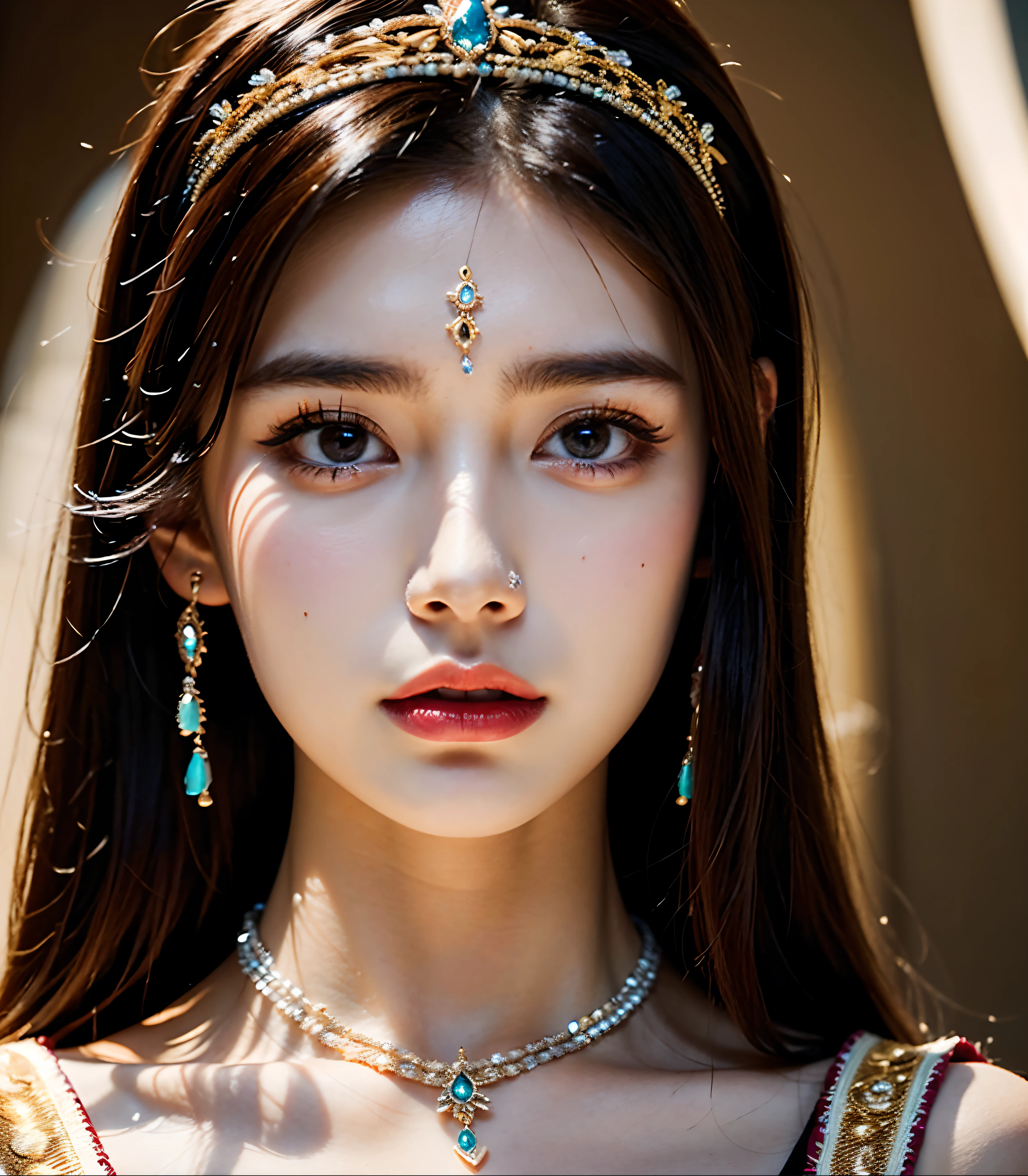 Ancient women, Princess wearing lots of jwellery, beautiful, attractive, intricate details, 4k, hyper realistic, hyperdetailed, potrait image, clicked by 70 mm lens, professional photography, cinematic lighting