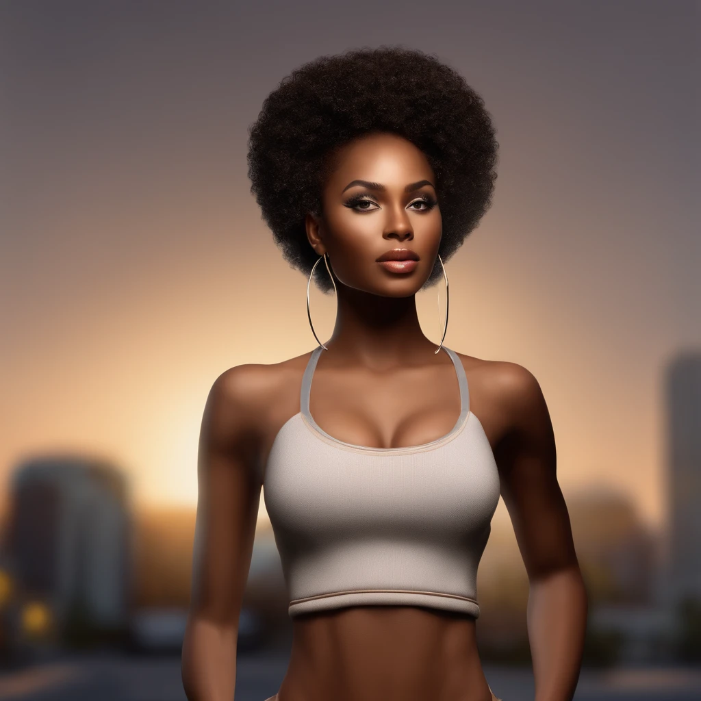 (Deep African ebony skin, undeniable beauty), (Cute and sexy face), (Perfect details and surreal eyes), (Lovely tongue out pose), (Charming and sexy), (Wearing a tight knit top and very short and sexy shorts), (Curly African hair tied to an African ponytail), (Perfect texture skin), (Standing in front), (Touching one's legs in an enticing posture), (Outdoor, in busy public cities), focusing on CGI, photo realism, high detail, realism, key parts, absurdity, best quality, HDR, ultra-high quality, extreme high-definition, extremely precise details, 8K wallpapers, complex and detailed details in 8K ultra high-definition, full high-definition, (photo realism: 1.2), high contrast, movie highlights, natural light, bright light, backlight, global lighting, environmental occlusion.