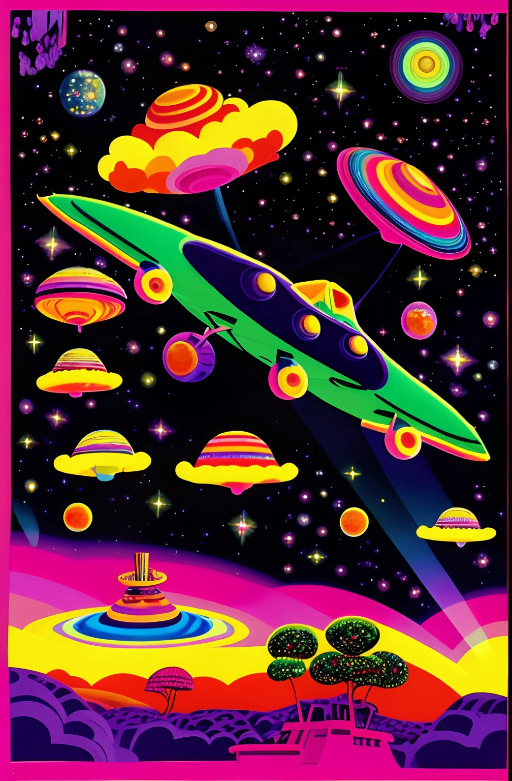 Painting of an airplane flying through a colorful sky with stars, Directed by: Victor Moscoso, Directed by: Peter Max, 70s psychedelic style, inspirado em Peter Max, No estilo de Lisa Frank, psychedelic and sparkling, cosmic lsd poster art, 1968 psychedelic, inspirado em Victor Moscoso, Estilo Lisa Frank, Directed by: Bjørn Wiinblad