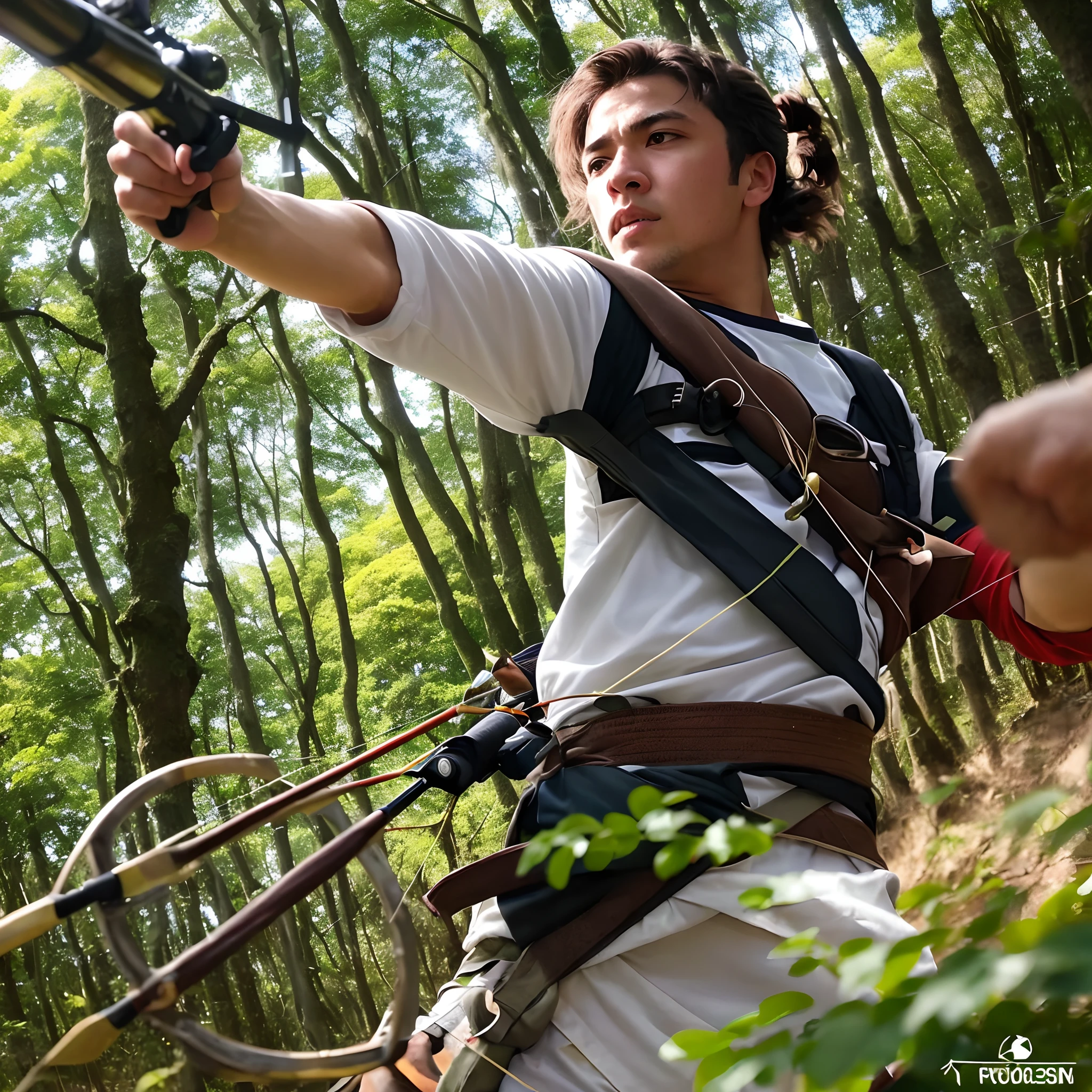 An archer as a skilled individual with a bow and arrows, wearing light and agile clothing for easy mobility. They have a concentrated gaze, Pulling the bowstring with grace and precision. Ao redor, Nature is your backdrop, with trees and foliage. The sun casts a soft light, Highlighting Your Determined Features. Your arrows are sharp and ready to fly towards the target, enquanto o ar tenso ecoa com a promessa de um tiro certeiro.
