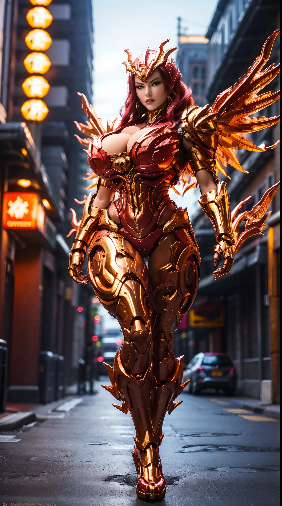 (DRAGON QUEEN), HUGE FAKE BOOBS, (BEAUTIFUL FACE), (GOLD, RED), (STREET CITY BACKGROUND), (((A PAIR OF HUGE MECHANICAL WINGS SPREAD OUT))), FUTURISTIC PHOENIX MECHA BODYSUIT, (CLEAVAGE), (SKINTIGHT YOGA PANTS), (HIGH HEELS), (PERFECT BODY:1.2), (FULL BODY VIEW), (LOOKING AT VIEWER), (WALKING DOWN:1), SEXY MUSCULAR BODY, MUSCLE ABS, UHD, 8K, 1080P.