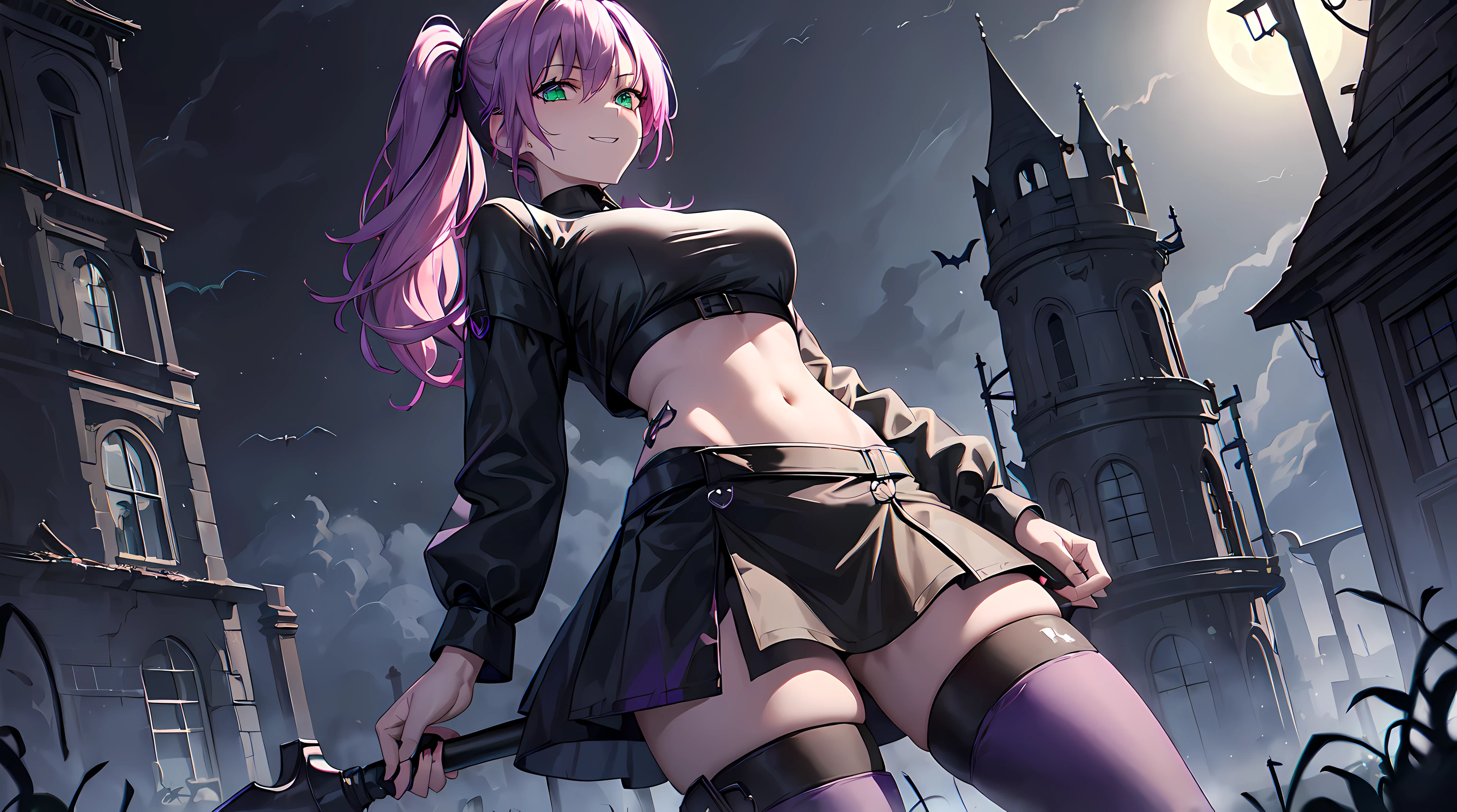 ​masterpiece, 1girl ((20year old, Witches Outfit, Black crop top shirt exposes navel, purple miniskirt, knee-high boots, thigh high socks, medium breasts, multicolor pink hair, twin ponytails, green eyes, flirting, happy, big smile, headphones, standing in a graveyard at night, scary and abandoned old Victorian styles homes, dark and spooky night atmosphere)), ((nighttime))