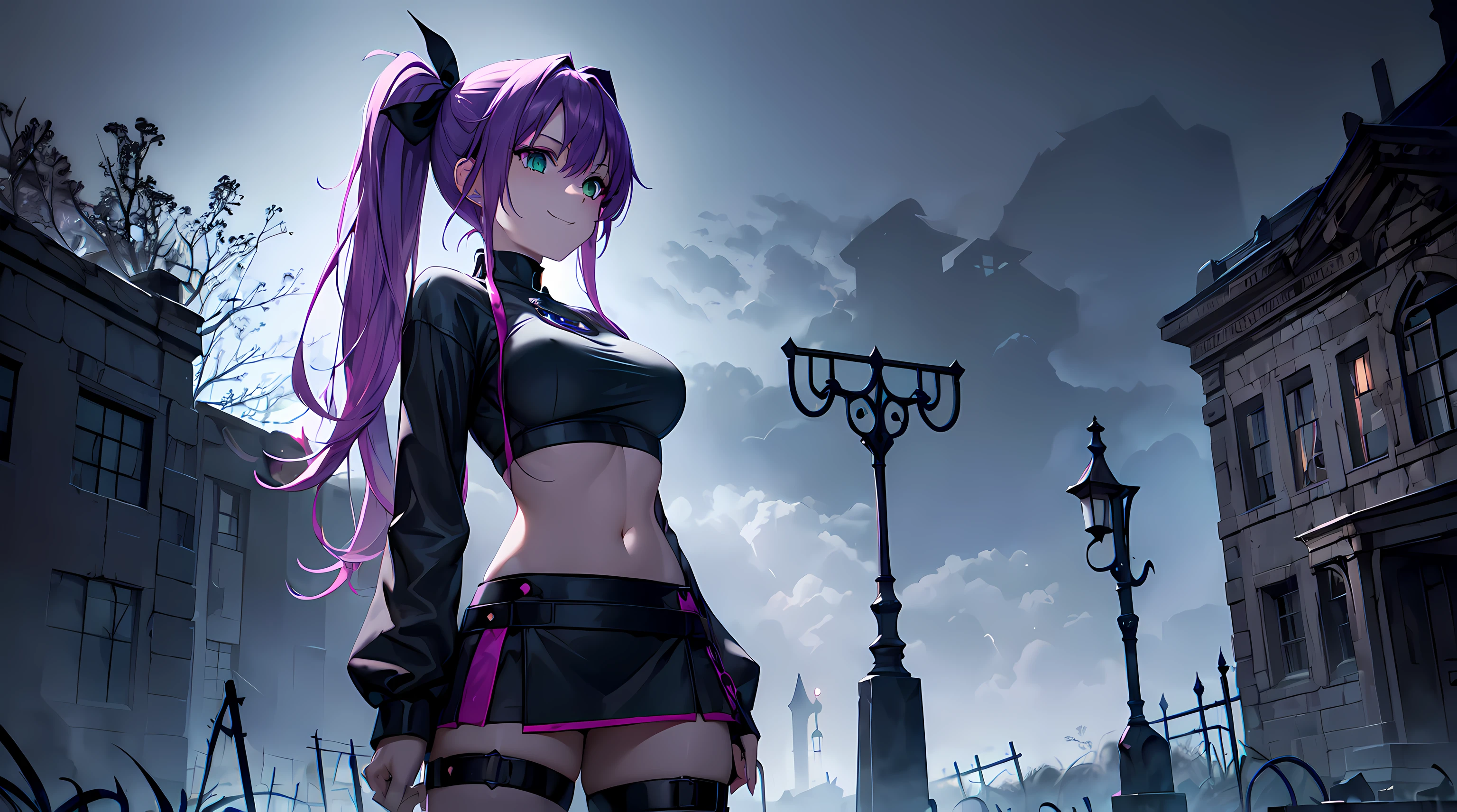 ​masterpiece, 1girl ((20year old, Witches Outfit, Black crop top shirt exposes navel, purple miniskirt, knee-high boots, thigh high socks, medium breasts, multicolor pink hair, twin ponytails, green eyes, flirting, happy, big smile, headphones, standing in a graveyard at night, scary and abandoned old Victorian styles homes, dark and spooky night atmosphere)), ((nighttime))