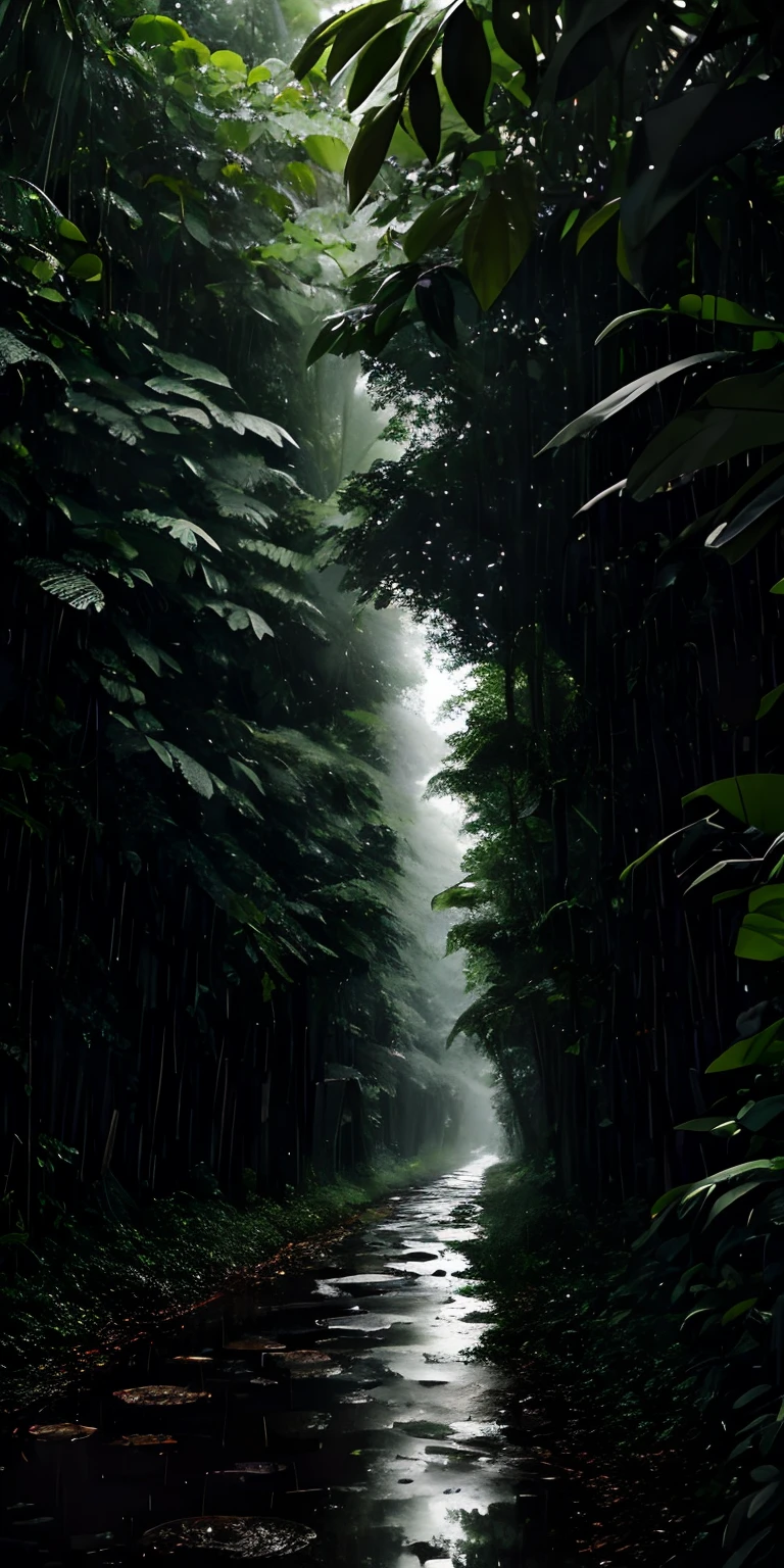 jungle, heavy rainfall, monochrome, vines everywhere, huge and damp trees, masterpiece, best quality, high quality, very detailed CG uniform 8k wallpaper, oil painting, award winning photography, bokeh, depth of field, HDR, bloom, chromatic aberration, realism, very detailed, trends on artstation, trends on CGsociety, intricacies, high detail, drama, midjourney art, volumetric lighting, tall trees, each tree has a diameter of one or two meters, Elongated asphalt roads, taiga