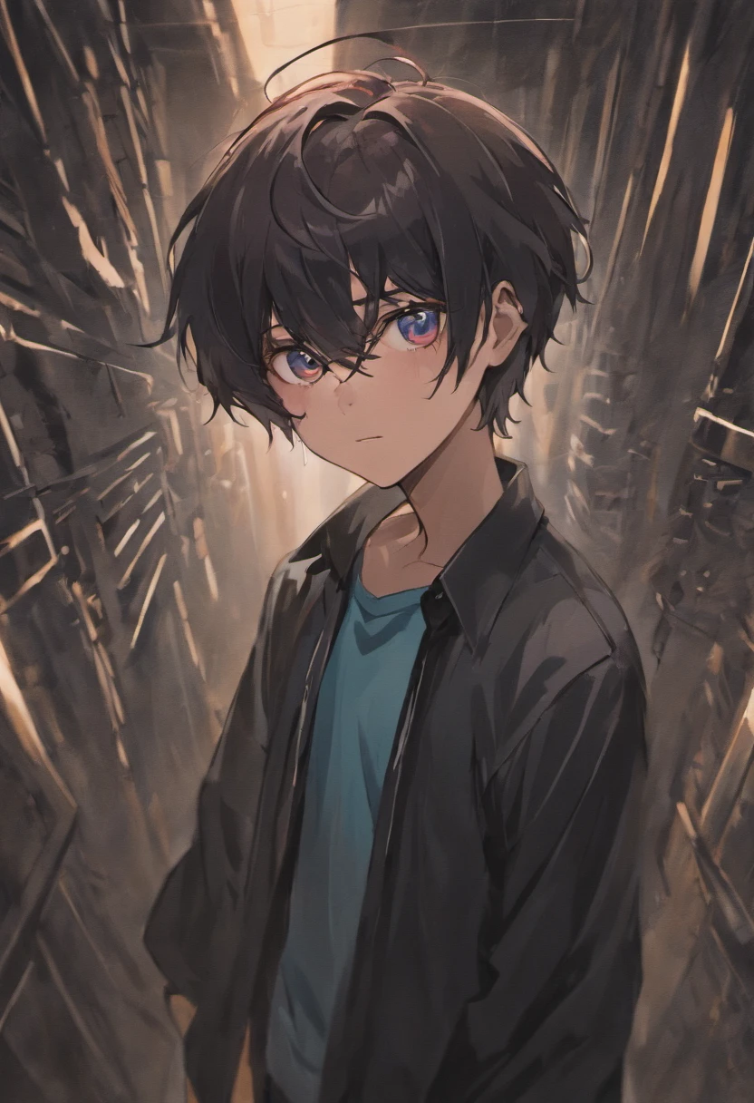 male people,By bangs,Black hair,Black shirt,blue eyess,Hair between both eyes,Breakdown,eye glass,looking looking at viewer,独奏,hair messy,a bitter smile,年轻,Long body
