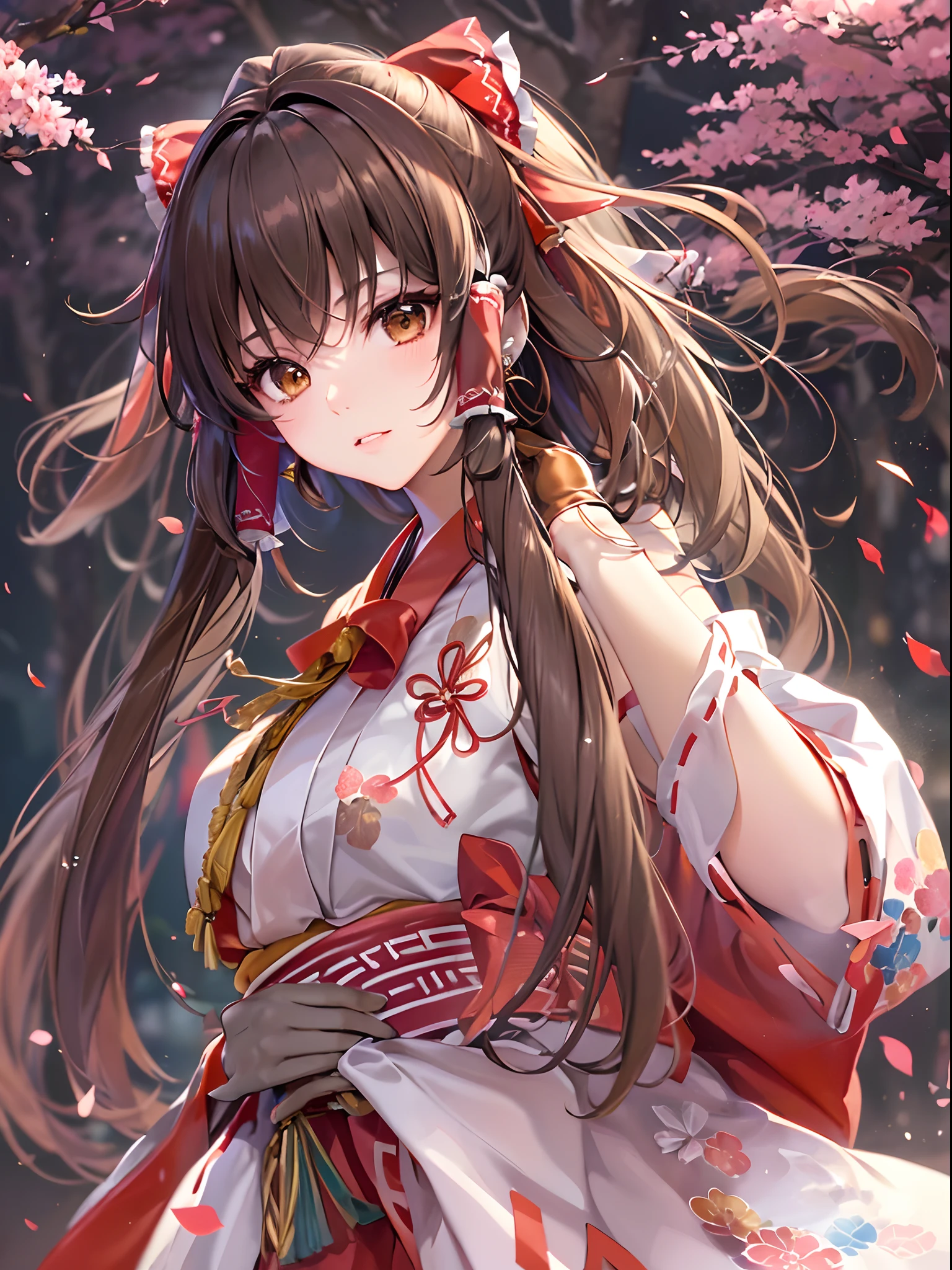 ((((equipped leather gloves,))))(((hakurei reimu,)))(((brown hair,brown eyes,)))((((miko)))),((1girl,Solo,))(Masterpiece,Best quality),((from side)),((((hair ribbons,has a bow in her hair,)))),((official art,))))((standing)),shukezouma, octane render, hdr, (hyperdetailed:1.15), (soft light, sharp:1.2), beautiful girl, ultra detailed eyes, mature, plump, thick, rainbow painting drops,splat, splash,ultra detailed texture kimono, (hair ornaments, earrings), outdoors, sakura trees