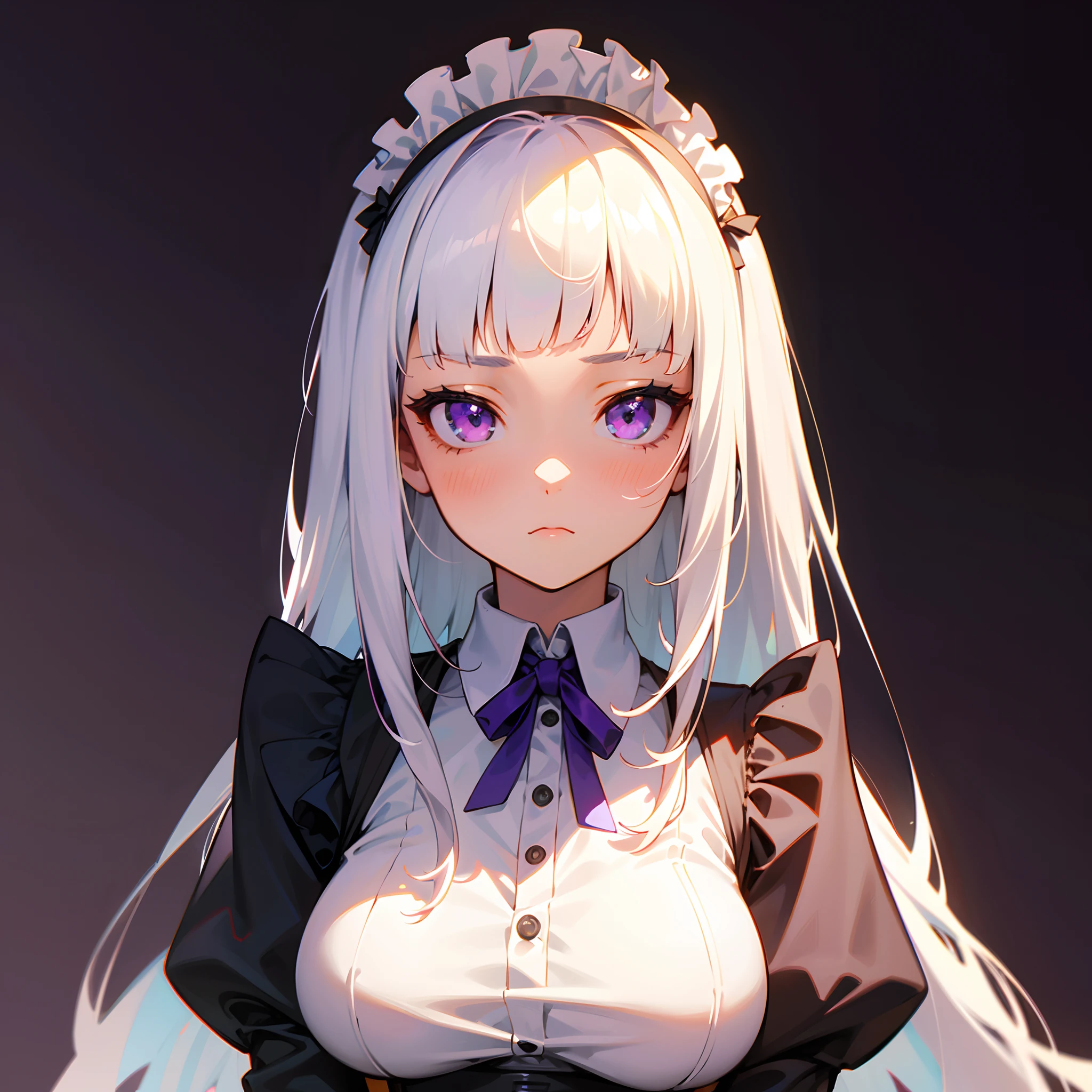 1girl, long white hair, blunt bangs, purple eyes, maid suit, medium breast, stoic expression, solo, best quality, masterpiece, portrait, simple background, looking at the camera, from the front, 1result, vibrant, detailed, perfect anatomy, detailed art, high definition, 4k, high resolution