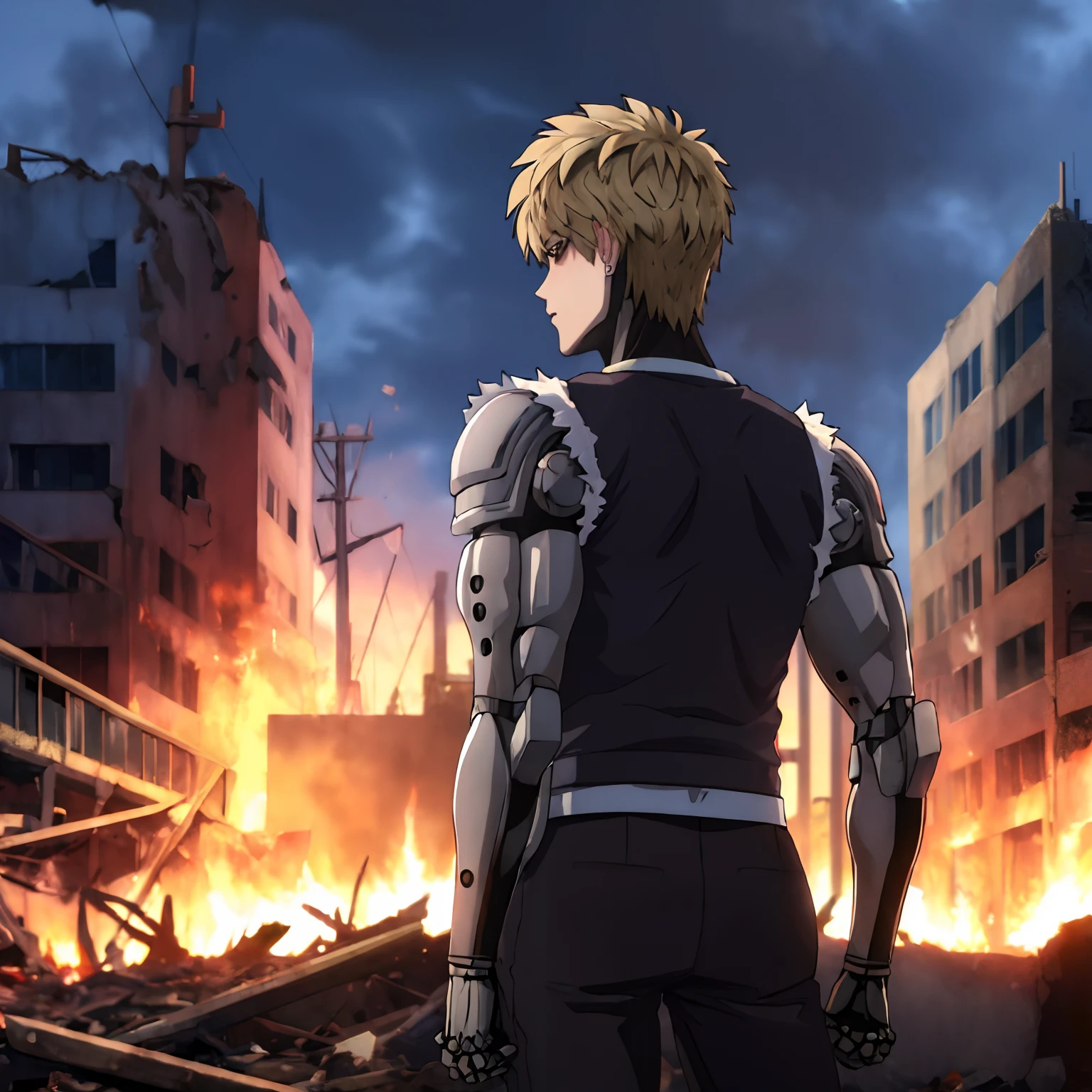 (masterpiece, best quality:1.4), colorful, high contrast, genos black shirt, sleeveless, black pants, mechanical arms, upper body, from behind, looking back, standing in a destroyed City, flame everywhere. 1 genos