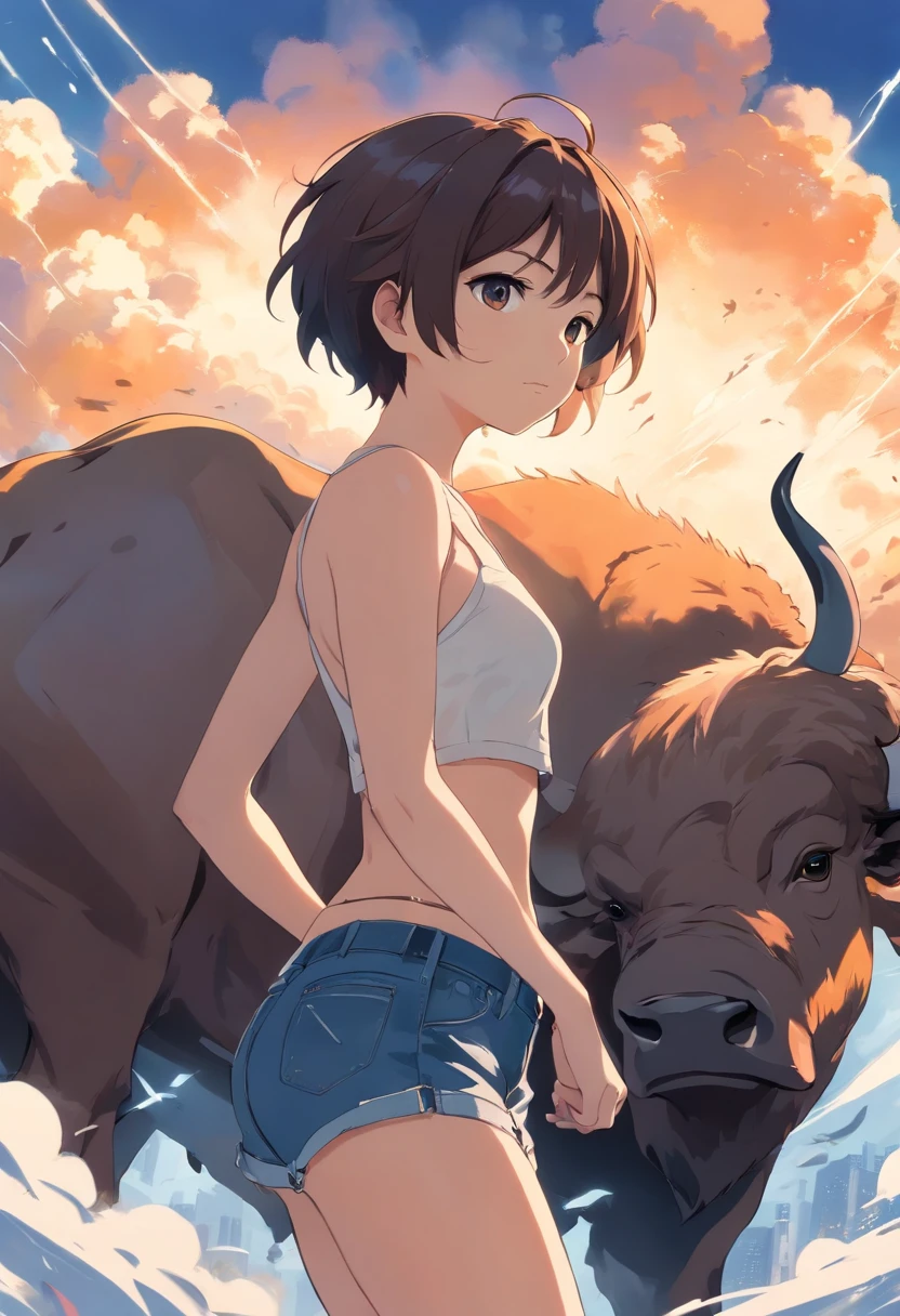 Create an image in the style of DC Comics that portrays the imposing head of a buffalo, exuding a serious gaze with smoke emanating from its nostrils, seamlessly blended onto the muscular torso of a shirtless human figure donning black jeans. Pay meticulous attention to detail in capturing the facial expression to leave a lasting impression on the viewers