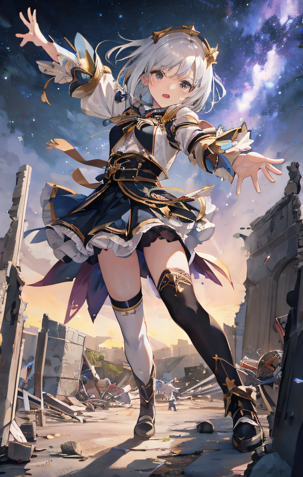 masutepiece, Best Quality, Extremely detailed, Anime, Magic, girl, bob cuts, zettai ryouiki, Silver hair, Black eyes, magical little girl, foreshortening, Starry sky, Ruins, nigh sky, Fighting, Kicking, Magic Circle in the Sky