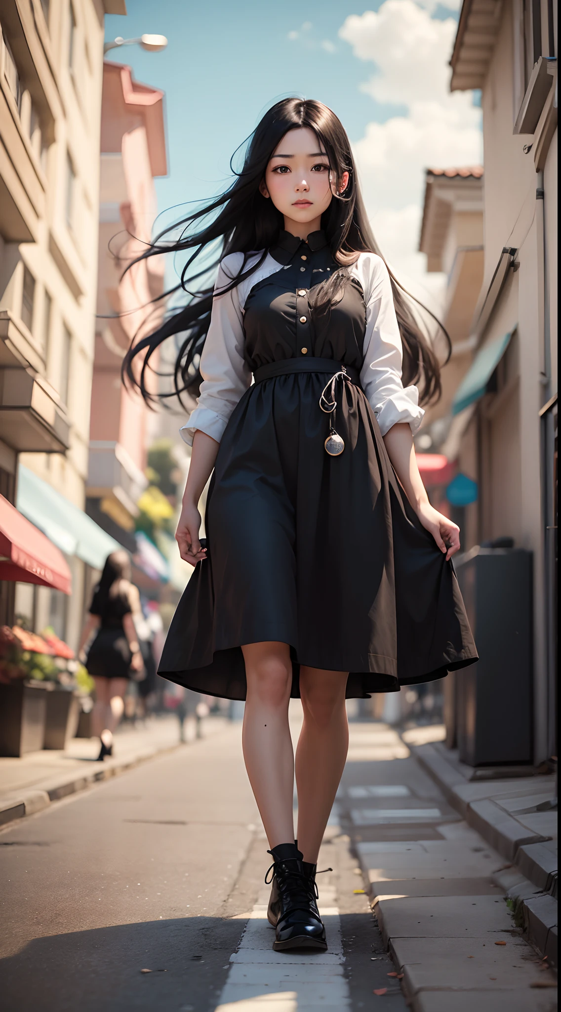 A girl with long black hair，is wearing  dress，The expression is promised，careful，Walking on the street