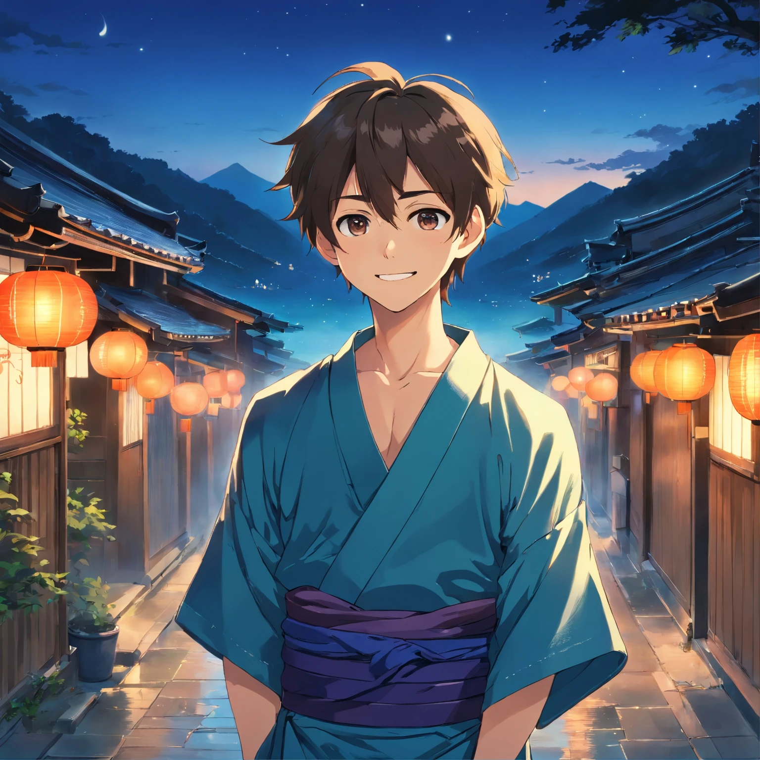masterpiece, best quality, movie still, In the world of anime, a cinematic scene unfolds with breathtaking artistry. On the rooftop of a traditional Japanese village, a teenage boy with striking white hair and piercing crimson eyes is seated gracefully. His alabaster locks cascade like a waterfall of moonlight down his back, while his captivating red irises gleam with an almost supernatural vibrancy.
Draped in a resplendent indigo kimono, the fabric ripples like tranquil waters, its hues echoing the serene evening sky. The boy's slender frame seems to blend effortlessly with the surroundings, as if he's a part of the very landscape.
But it's his smile that steals the scene. His lips are stretched wide, forming a radiant, heartwarming grin that illuminates the entire composition. It's a smile that radiates youthful optimism, a contagious expression of pure joy and contentment. His eyes gaze upward, fixed on the vast expanse of the twilight heavens, as if he's sharing a secret with the cosmos.
In the distance, the quaint village sprawls, with traditional Japanese houses and lantern-lit streets, a testament to the timelessness of the setting. The colors of the sky transition from a warm, golden hue near the horizon to a tranquil azure as they ascend, creating a breathtaking backdrop for this cinematic moment.
This anime art captures the essence of serenity, hope, and boundless wonder, etching an indelible image of a boy finding solace and happiness in the simple beauty of the world around him.
