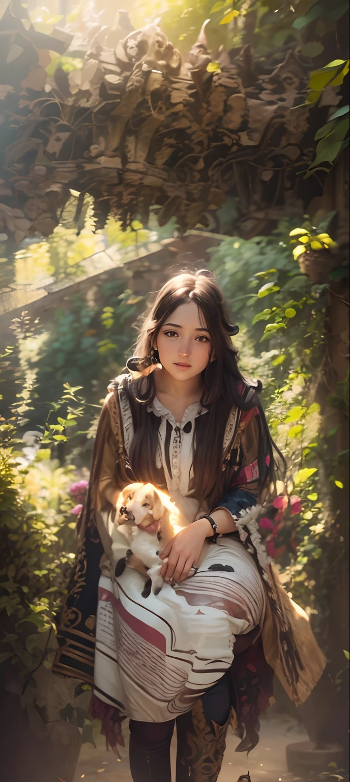 (Best quality, masterpiece), 1 girl with long hair having puppy beside her, realistic face,8k,ultra realistic,