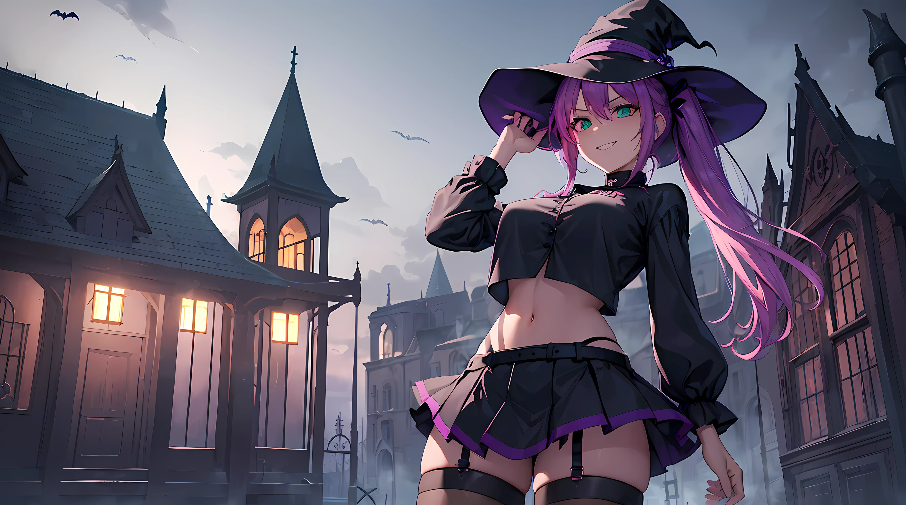 masterpiece, 1girl ((20year old, Witches Outfit, Black crop top shirt exposes navel, purple miniskirt, knee-high boots, thigh high socks, medium breasts, multicolor pink hair, twin ponytails, green eyes, flirting, happy, big smile, witches hat, standing in a graveyard at night, scary and abandoned old Victorian styles homes, dark and spooky night atmosphere)), ((nighttime))