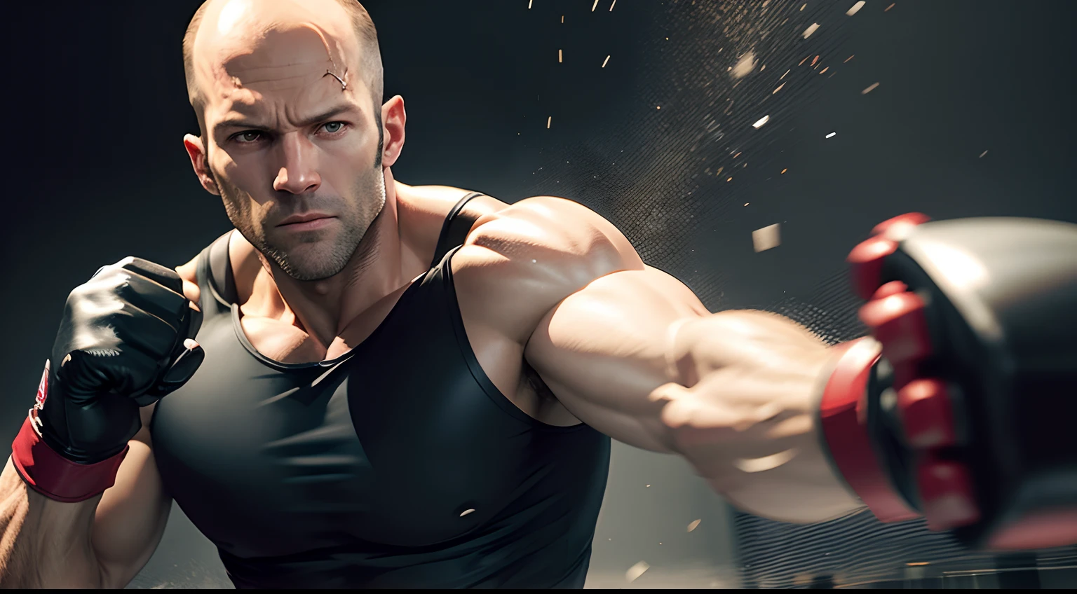 jason statham in gloves hitting boxes hard, pieces flying in the air