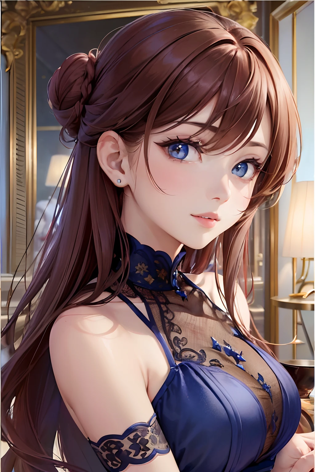 masterpiece, 1 beautiful girls, detaileds, top-quality, 超A high resolution, (Realistis: 1.4), OriginalPhotographs, 电影灯光, A smile, Asian Beauty, very extremely beautiful, Slightly younger face, Beautiful skins, slender, (A hyper-realistic), (hight resolution), (8K), (ighly detailed), (The best illustrations), (beautifully detailed eyes), (ultra-detailliert), (wall-paper), (详细的脸), looking at the viewers, fine detailed, A detailed face、pureerosfaceace_v1、46-point diagonal bangs、(beautidful eyes:1.5)、Beautiful charming anime girl with open mouth、(reddish brown hair:1.5),(In a luxury hotel café、:1.6)、(Wearing a royal blue cocktail dress:1.5)、(Hair is tied into one bun:1.5)、Looking at the front、