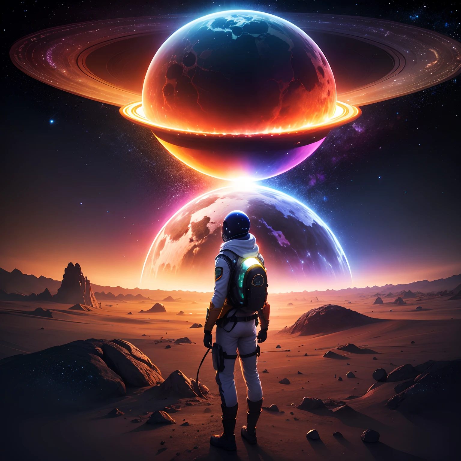 All planets are located one above the other, all bright, juicy, beautiful, on each planet rainbow explosions, between them flies alien ship realistic, super high resolution