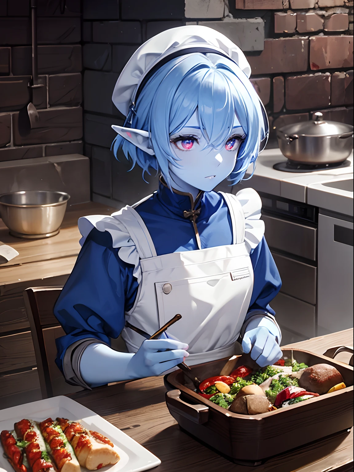 <lora:imp-xl-v1:1> blue imp
a woman in an apron in a kitchen making dinner happily, 8k, highly detailed, ultra realistic