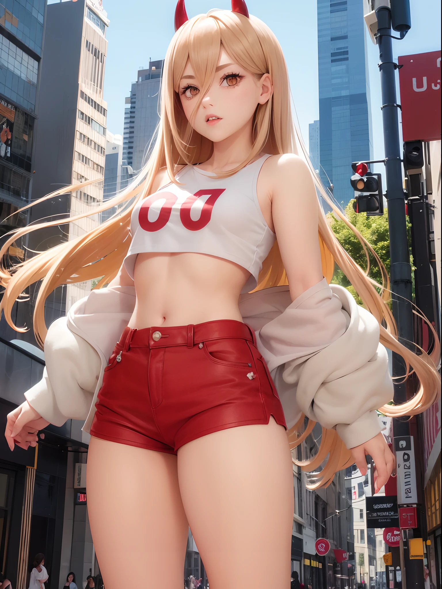 1 girl, smooth hair, cute devil horns, cute face, yellow eyes, standing in the street, wearing white crop top, red short shorts, thick thighs, master piece, 8k, sexy body, standing pose.