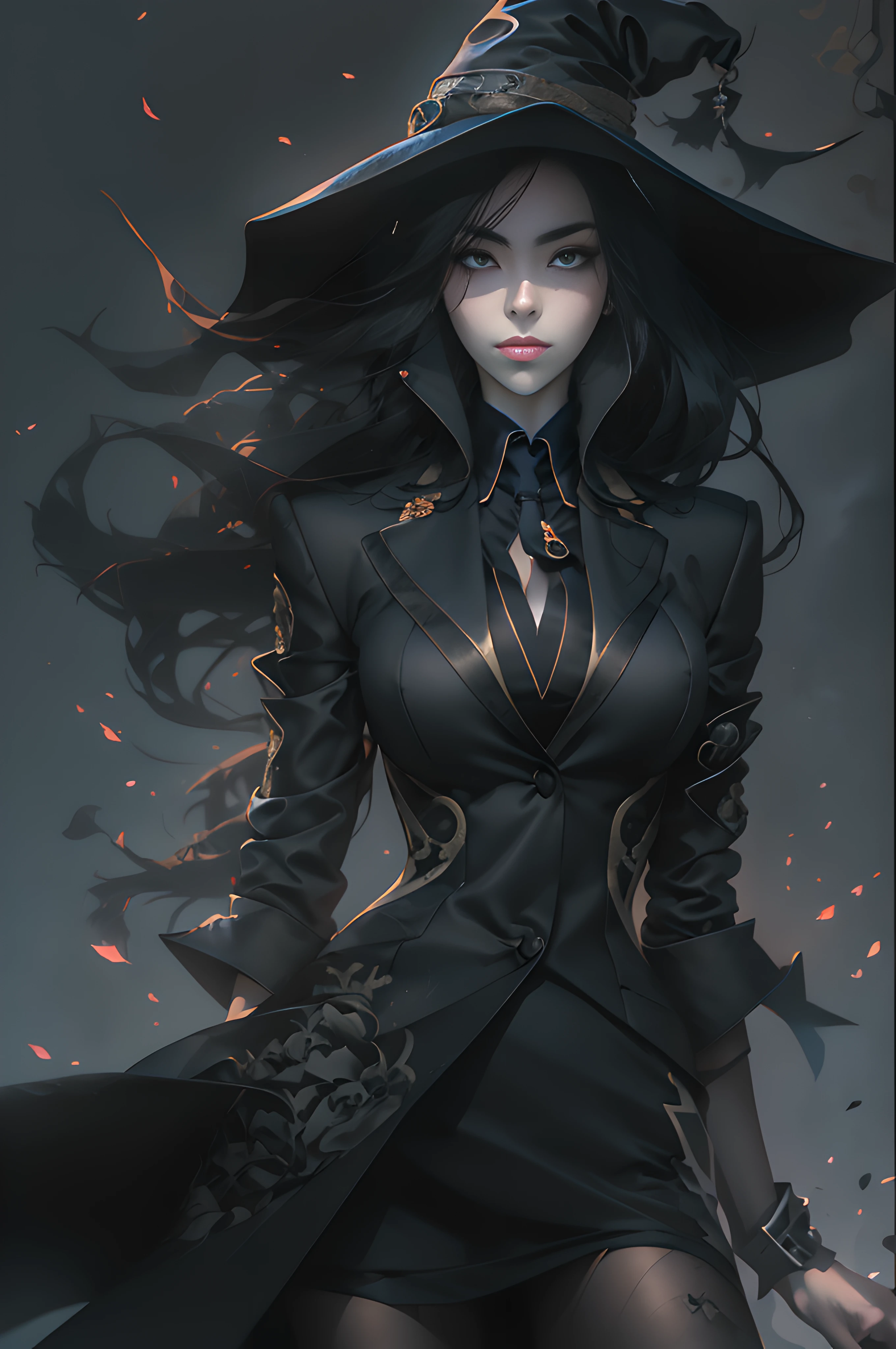 Sexy 1girl, The Witch in the Black Hat (beste-Qualit), (Masterpiece quality), ((business suit:1.5)). Detailed and detailed anatomy, Detailed body, shapely body, handsome body, Perfect body proportions, A perfect chest,((Thin body:1.2)), perfect figure, Curved body, Simple lines, Simple background, Dark background. dark witch character, black - haired mage, guweiz on artstation pixiv, guweiz on pixiv artstation, fashionable dark witch, artwork in the style of guweiz, in style of dark fantasy art, trending on artstation pixiv, epic exquisite character art. NSFW.