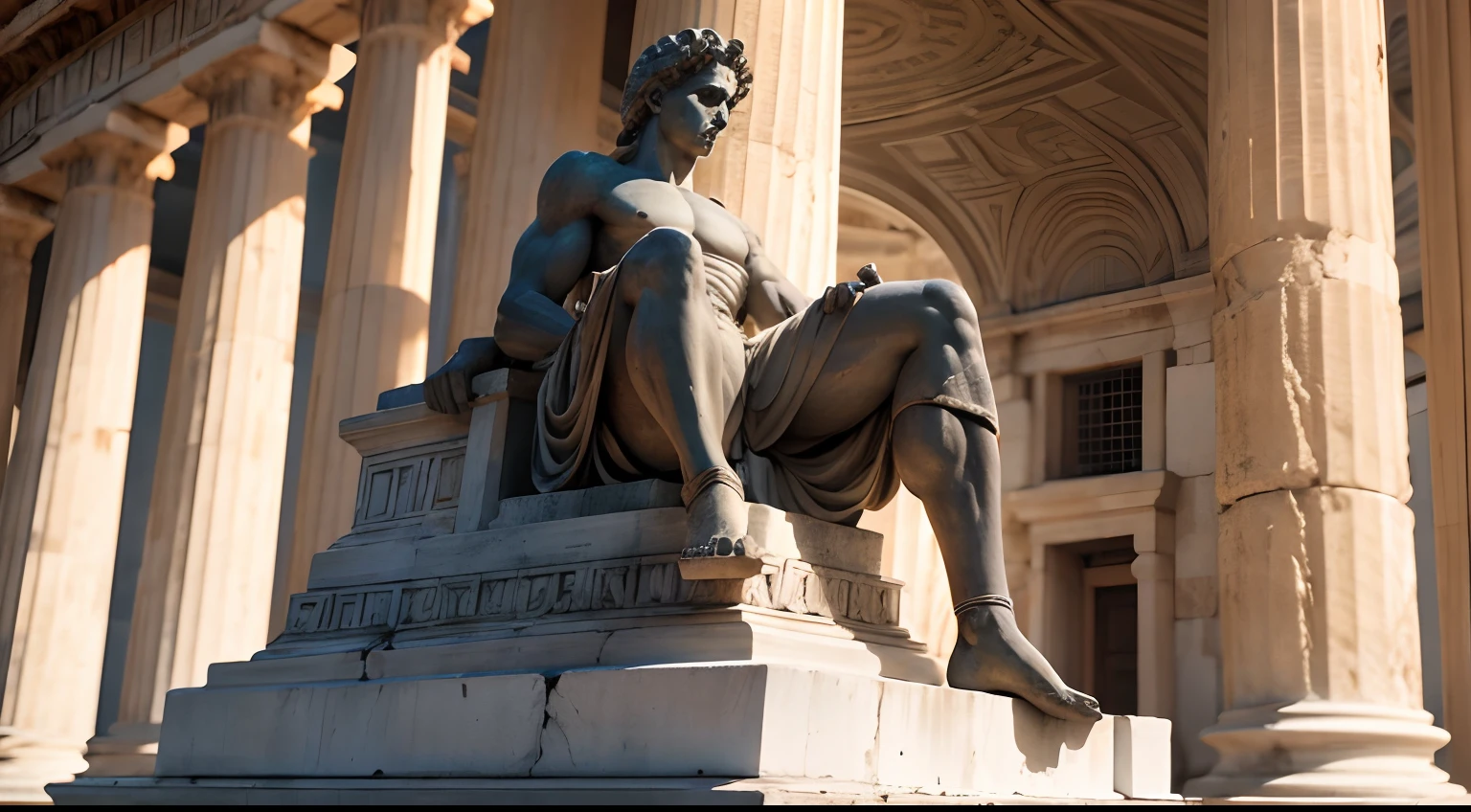 Ancient Greek statue with angry expression, outside, com rosto extremamente detalhado full body view, Colors with low saturation with dark tone, Filmado em Sony A7S III com Sony FE 35mm f/1.8, 12.1 MP, --AR 3:2 --estilo cru