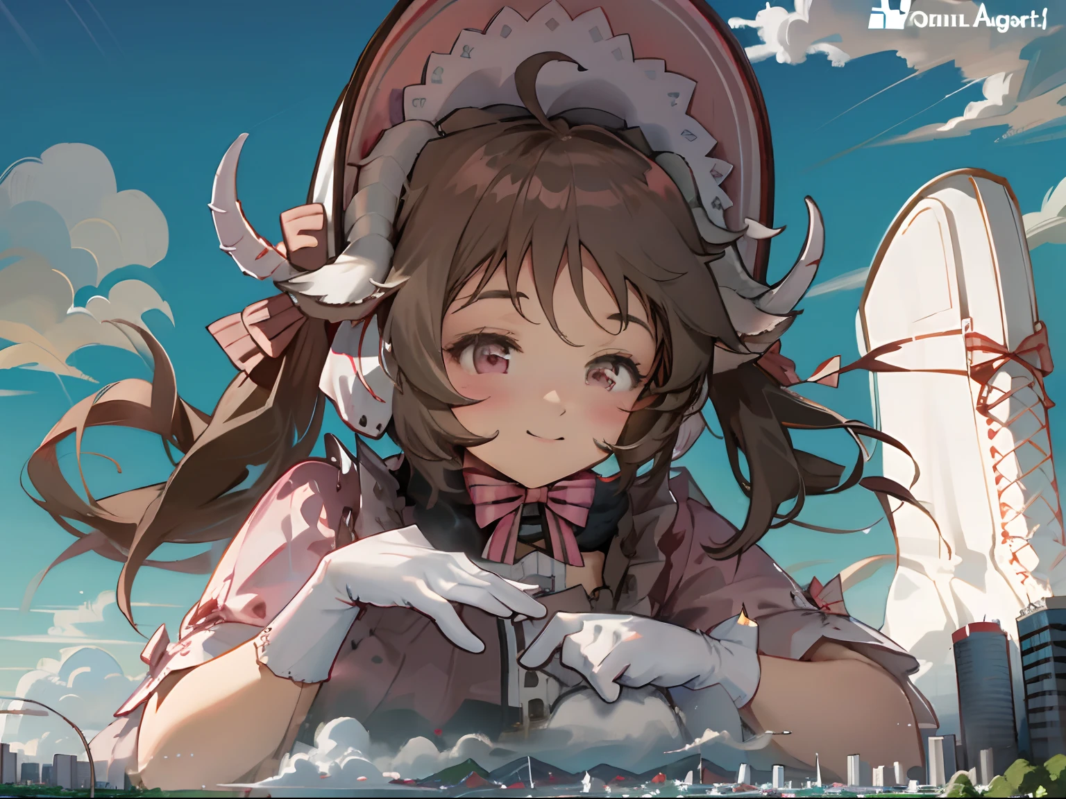 ，Clouds， view over city， mountain ranges， Masterpiece, Best quality, Highly detailed,Masterpiece,Best quality,offcial art,Extremely detailed Cg Unity 8K wallpaper，{{{Giantess}}}，Giant，1girll，modern miniature city，A cold expression，Located in a modern miniature city ，soaking feet，Contact viewers，The feet emit steam，Smash the city，，smiling expression,Sheep horns,Brown hair,sheep ears,double tails,Long hair,view the viewer,ahoge,Blush,Pink eyes,dress,mitts,Pink bow,bonnet,White dress,White socks,bow,White headwear,kneeboots,frilld,Say goodbye to hair accessories, Hairstyles,kneehighs,Short sleeves,