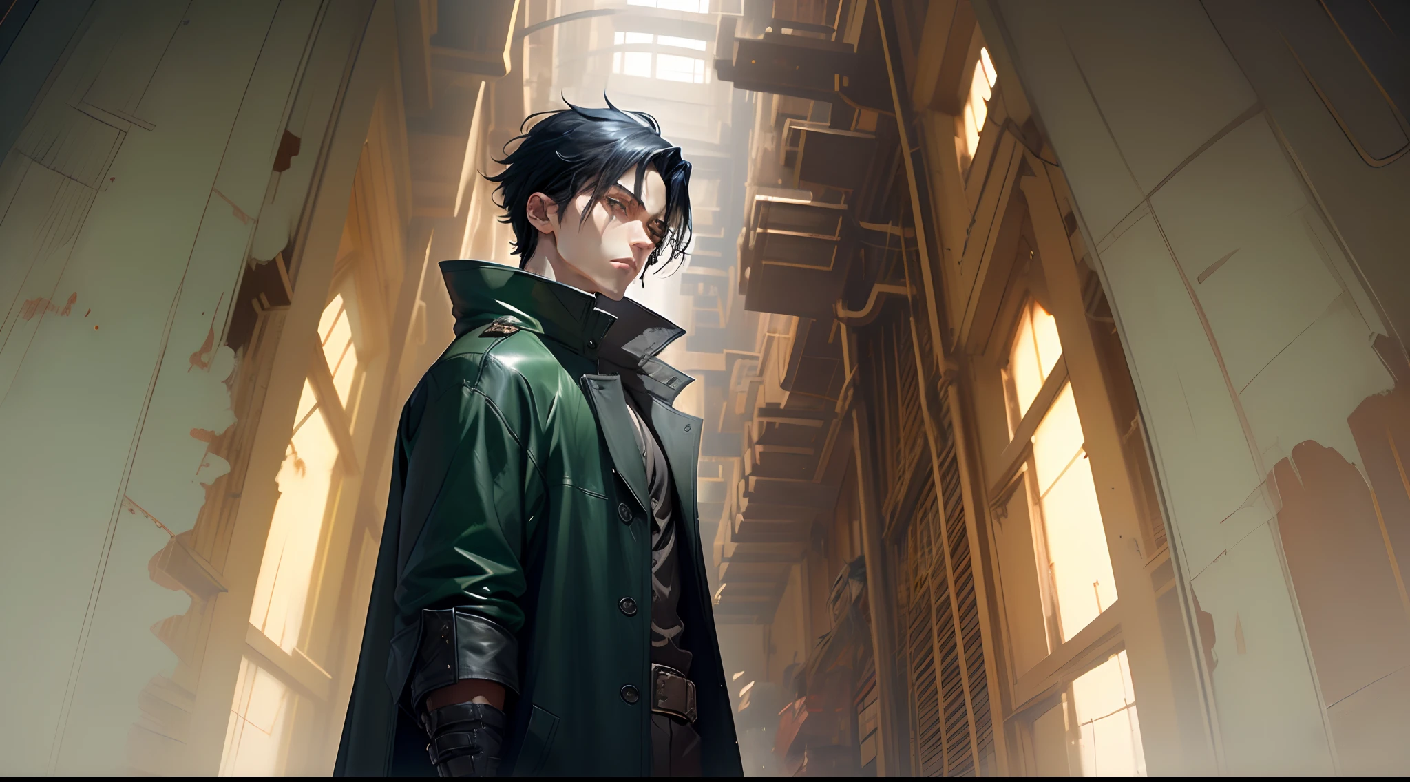 Man with extremely pale skin, black hair, green and blue eyes, wearing a large but torn black overcoat, he wears leather gloves, anime style.