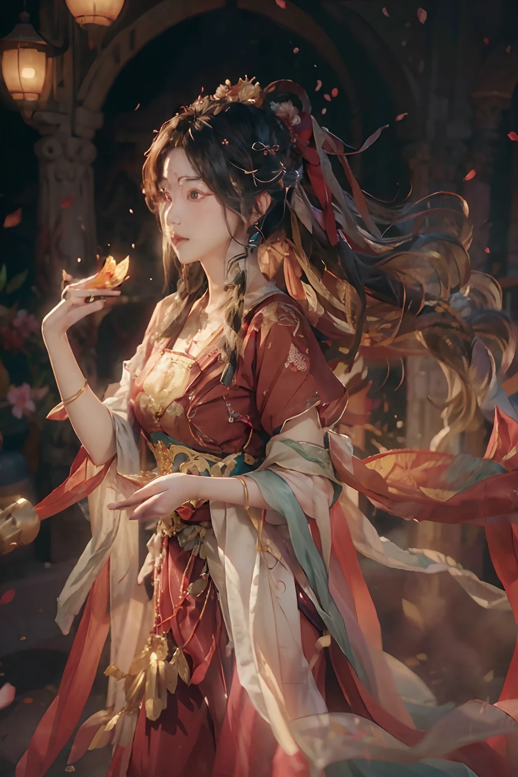 (hentail realism、Photorealsitic:1.3)、(RAW photography、top-quality)、ultra - detailed、tmasterpiece、dynamic ungle、1girll、full bodyesbian,On the run,The lower body can be seen,Long messy hair、CG unity 8k wallpaper、Inky、电影灯光、lense flares、Dunhuang style、Realistic sketch effect、Flower petals、Fluttering in the wind、building blocks、deep shading、Tone that enhances chiaroscuro,Red clothes,Wide sleeves