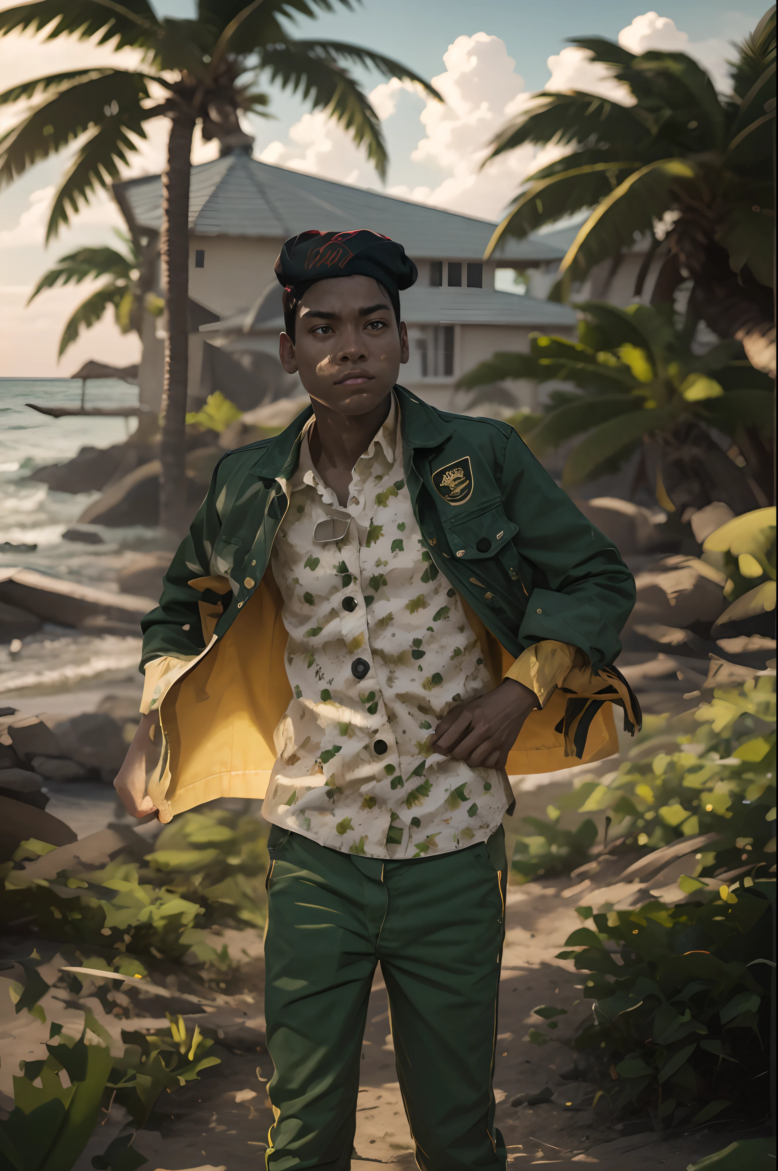 selene,boy, black eyes, short black hair, green shorts, red beanie,yellow floral shirt, tied shirt, midriff, looking at viewer, serious, 
standing, hands on hips, outside, beach house, palm trees, 
extreme detail, hdr, realistic detail, analog,