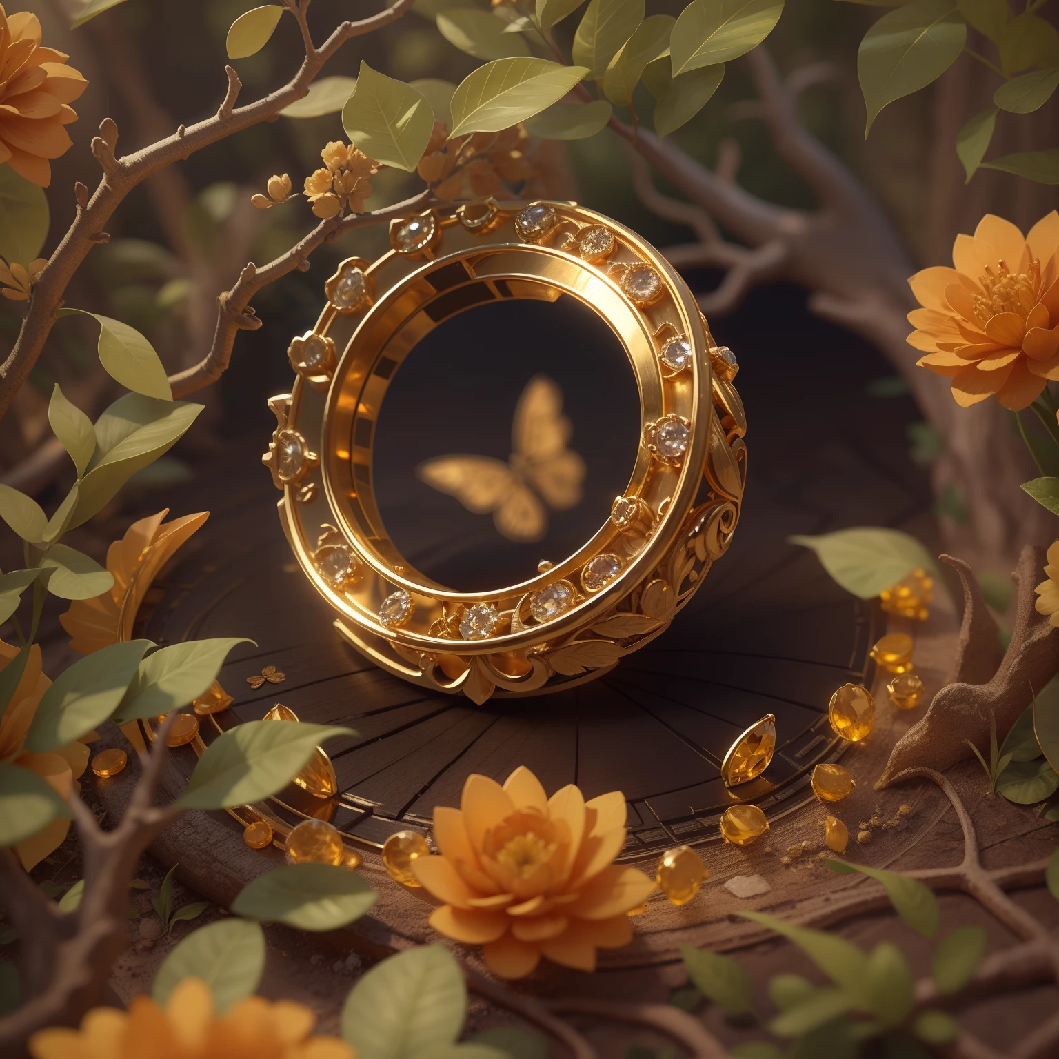 Product image of a ring, gold ring with orange stones on it, masterpiece, (very detailed CG unity 8k wallpaper), (best quality), (best illustration), (best shadow), background is Forest theme with natural elements, flowers, warm tones, surrounded by delicate leaves and branches, sunlight, (natural elements), (jungle theme), (leaves), vines, butterflies, (delicate leaves), (particles Effects), Isometric 3D, Octane Rendering, Ray Tracing, Super Detailed --v6