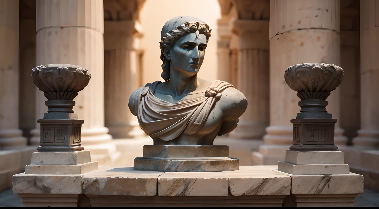 Ancient Greek statue with angry expression, outside, com rosto extremamente detalhado full body view, Colors with low saturation with dark tone, Filmado em Sony A7S III com Sony FE 35mm f/1.8, 12.1 MP, --AR 3:2 --estilo cru