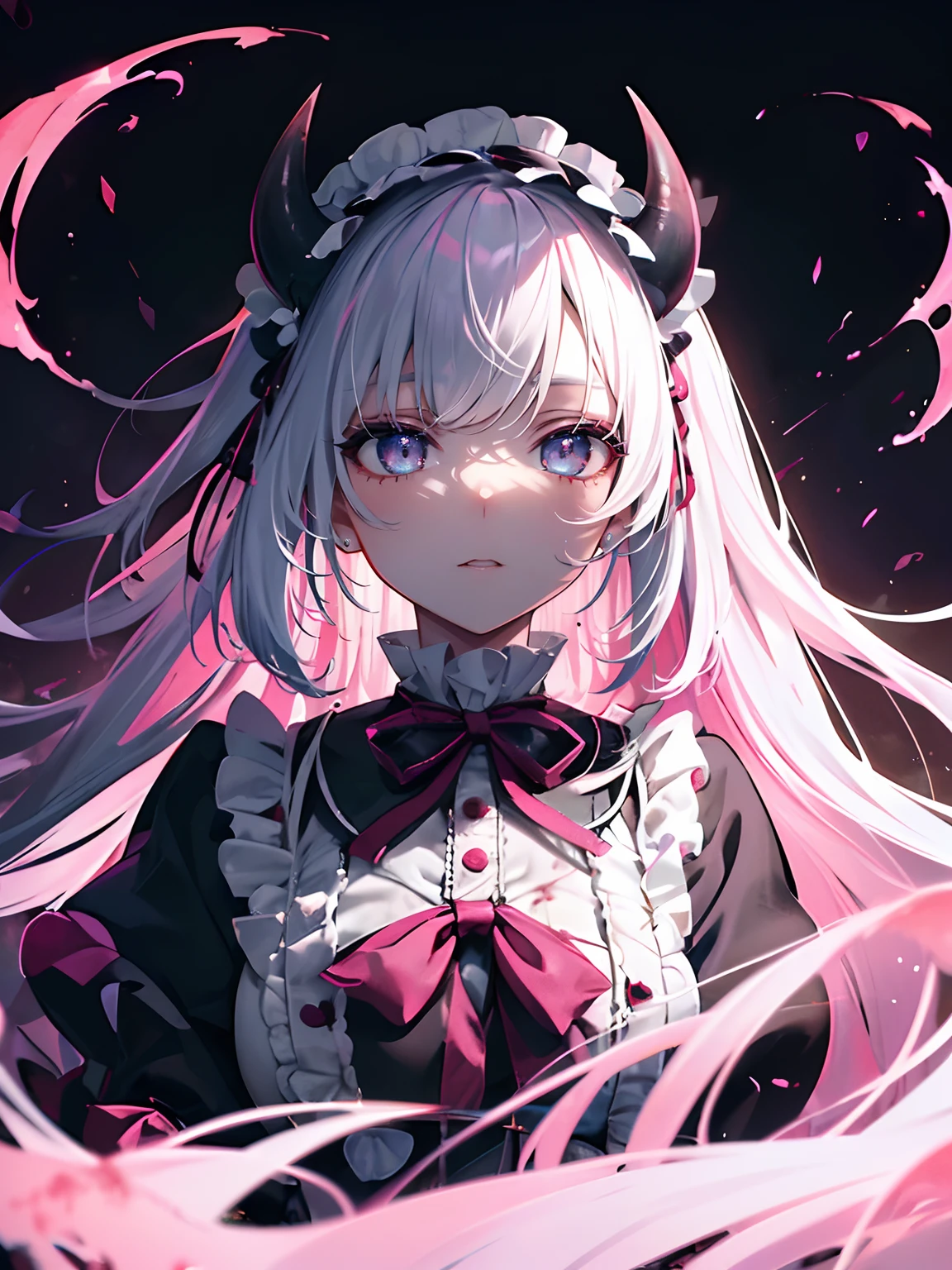 (Masterpiece, Best quality, ultra high resolution),1girl,white and pink hair, (blood),(oni girl 👹 ),(face covered in blood),(ghost girl,non-human girl),fantasy, beautiful and detailed face, detailed eyes, glowing eyes,(gothic ta dress), pink eyes, looking at the viewer,(grey theme),(yandere),