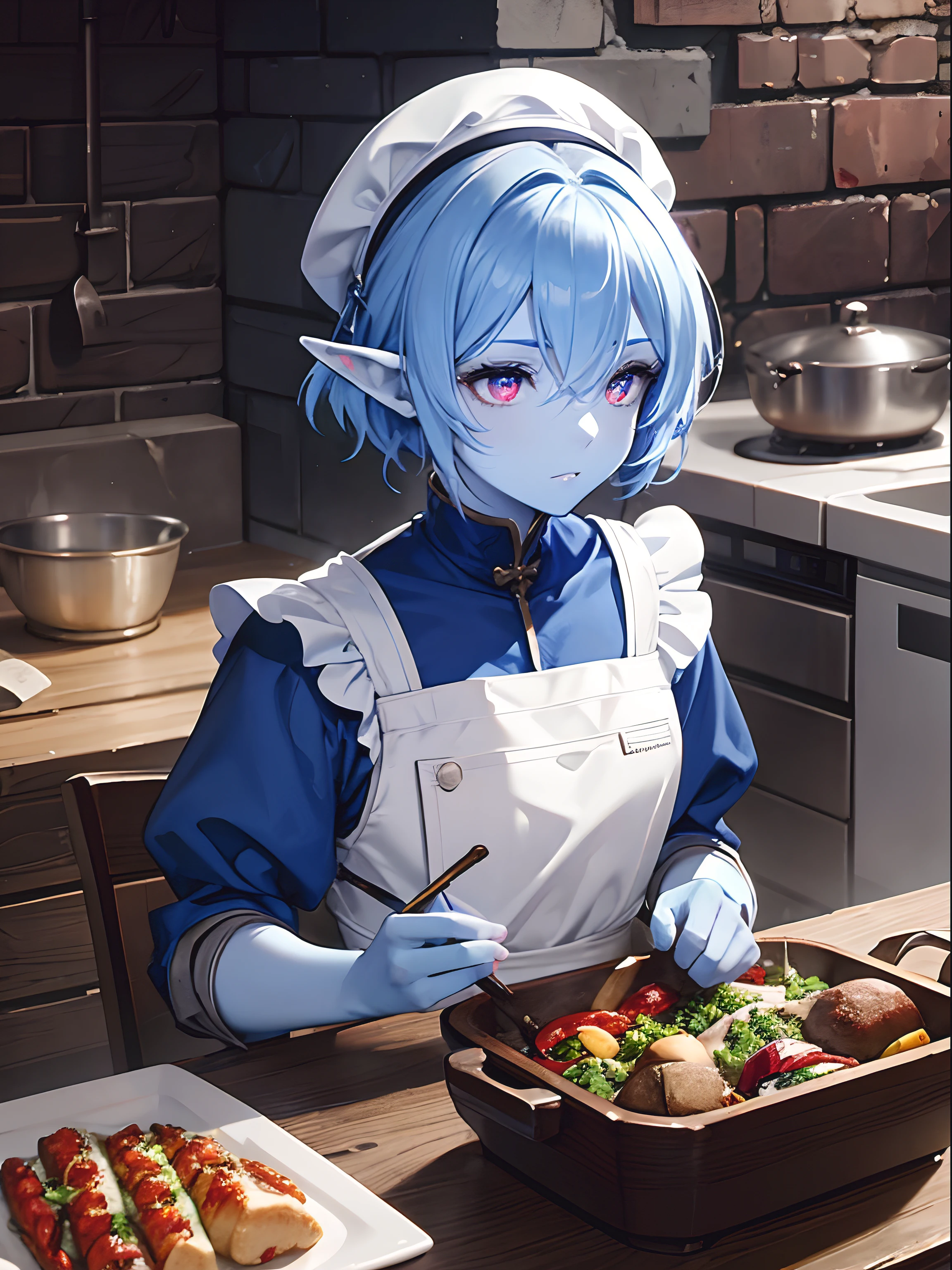 Close up, fantasy world, medieval kitchen, stone brick walls, furnace, humanoid, elf, her skin is a blue skin color, blue skin colour, red eyes, short messy white hair, emotionless expression, white chefs outfit, chefs hat, white apron