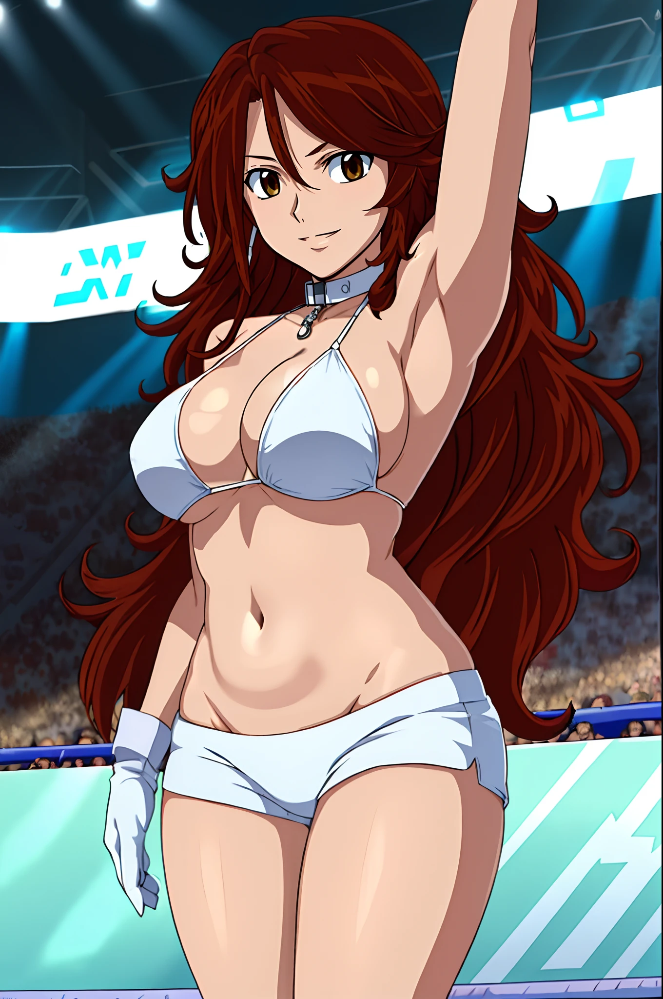(wwe Maria), body view, anime style: 1.8, anime drawing, ultra detailed face, ultra detailed body, 4k, Sumergai Lee Noriega, (standing), best quality, anime style, hires, highest definition, digital blending, bold drawing lines, ((wwe diva), (location: wrestling arena, crowds watching), ( slim body, little biceps, thighs, off-shoulders, (curvy: 2.8)), ((white bikini, shorts, groin, , white gloves, collar)), victorious, winner, gentle, (big breasts, smile), (big eyes, brown eyes), (clapping), (brown hair, loose hair, curly hair, wavy hair, long hair, missy hair), 27 years old,
