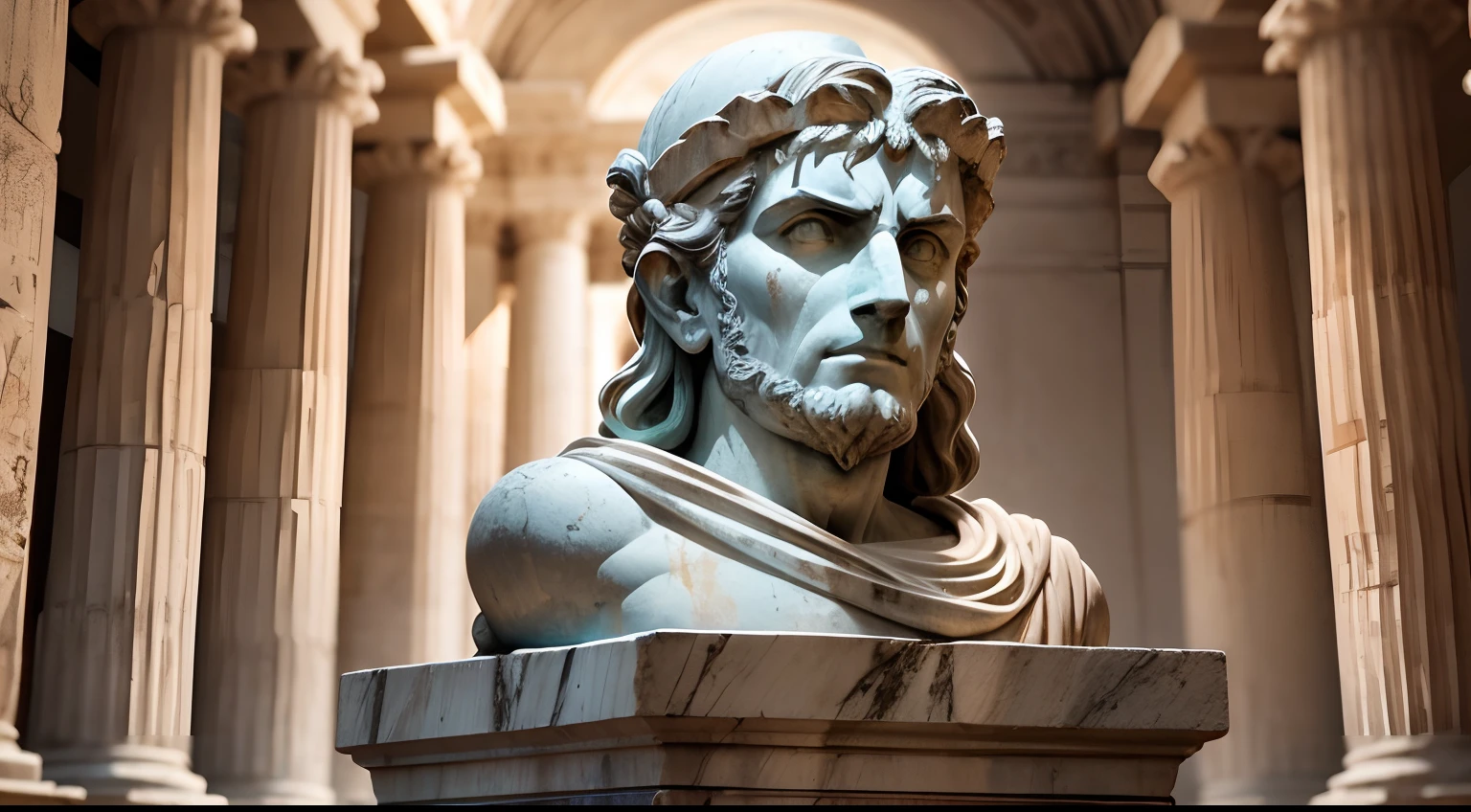 Ancient Greek statue with angry expression, outside, com rosto extremamente, detalhado full body view, Colors with low saturation with dark tone, Filmado em Sony A7S III com Sony FE 35mm f/1.8, 12.1 MP, --AR 3:2 --estilo cru