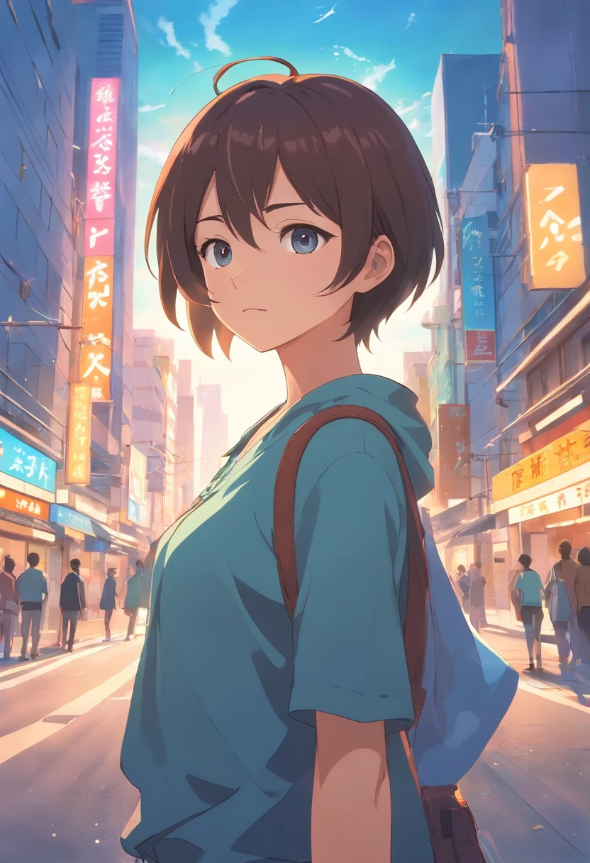 Um menino, 20 anos, transformado em um estilo anime, with superhero facial features and outfits, Standing on a busy city street, fundo retroiluminado destacando o assunto, cores de alto contraste, 4K high definition quality, jovem, sorridente, bonito