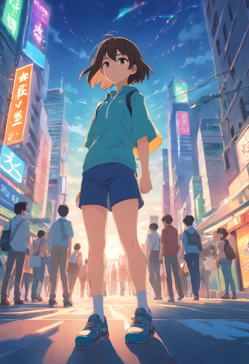 Um menino, 20 anos, transformado em um estilo anime, with superhero facial features and outfits, Standing on a busy city street, fundo retroiluminado destacando o assunto, cores de alto contraste, 4K high definition quality, jovem, sorridente, bonito
