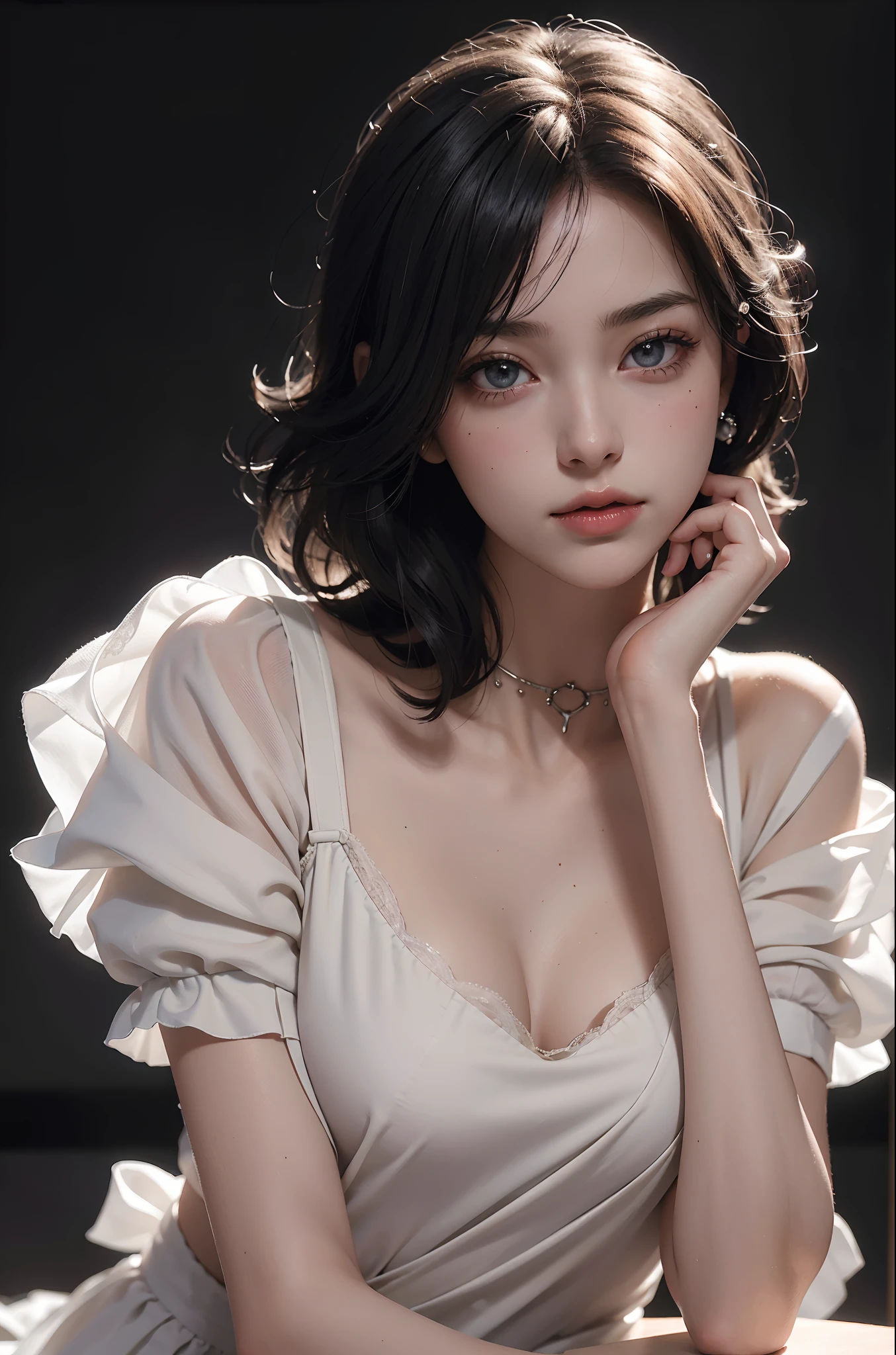 (RAW photo, Best quality), ((Nostalgia,1980s syle)),(Punk girl:1.2),(Realistic, photo-realistic:1.3), (a flat chest:1.3), (short detailed hair), Collar,Very pale skin,hyperdetailed face, Detailed lips,, Fine eyes, Double eyelids, Skinny Gothic clothing,black t-shirts,gaming headphone, Extremely delicate and beautiful, Amazing, finedetail, Masterpiece, Ultra-detailed, A high resolution,Best Illustration, Best shadow,Intricate,Depth of field,(Close-up portrait of a young and beautiful maiden:1.2),Heterochromic pupils,((((low tune,Dark scene,Dimly lit)))),(((Soft lighting:1.4))),(Pale skin:1.4),(Shy smile),(Movie Angle),Sharp focus, volume fog, 8K UHD, Digital SLR, High quality,( filmgrain:1.4), Fujifilm XT3,(view the viewer), Pale skin,