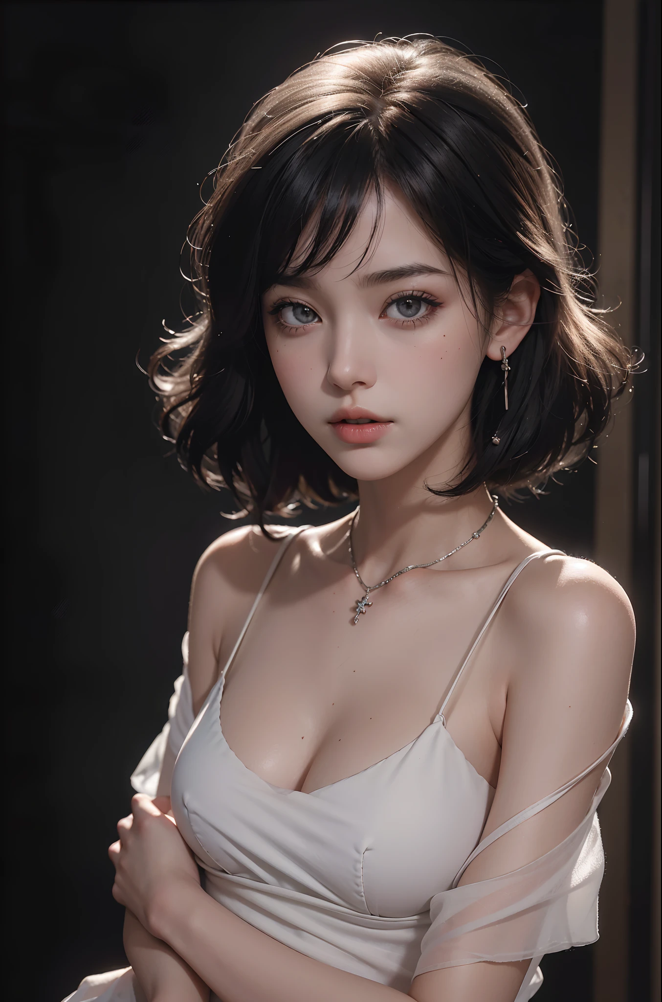 (RAW photo, Best quality), ((Nostalgia,1980s syle)),(Punk girl:1.2),(Realistic, photo-realistic:1.3), (a flat chest:1.3), (short detailed hair), Collar,Very pale skin,hyperdetailed face, Detailed lips,, Fine eyes, Double eyelids, Skinny Gothic clothing,black t-shirts,gaming headphone, Extremely delicate and beautiful, Amazing, finedetail, Masterpiece, Ultra-detailed, A high resolution,Best Illustration, Best shadow,Intricate,Depth of field,(Close-up portrait of a young and beautiful maiden:1.2),Heterochromic pupils,((((low tune,Dark scene,Dimly lit)))),(((Soft lighting:1.4))),(Pale skin:1.4),(Shy smile),(Movie Angle),Sharp focus, volume fog, 8K UHD, Digital SLR, High quality,( filmgrain:1.4), Fujifilm XT3,(view the viewer), Pale skin,
