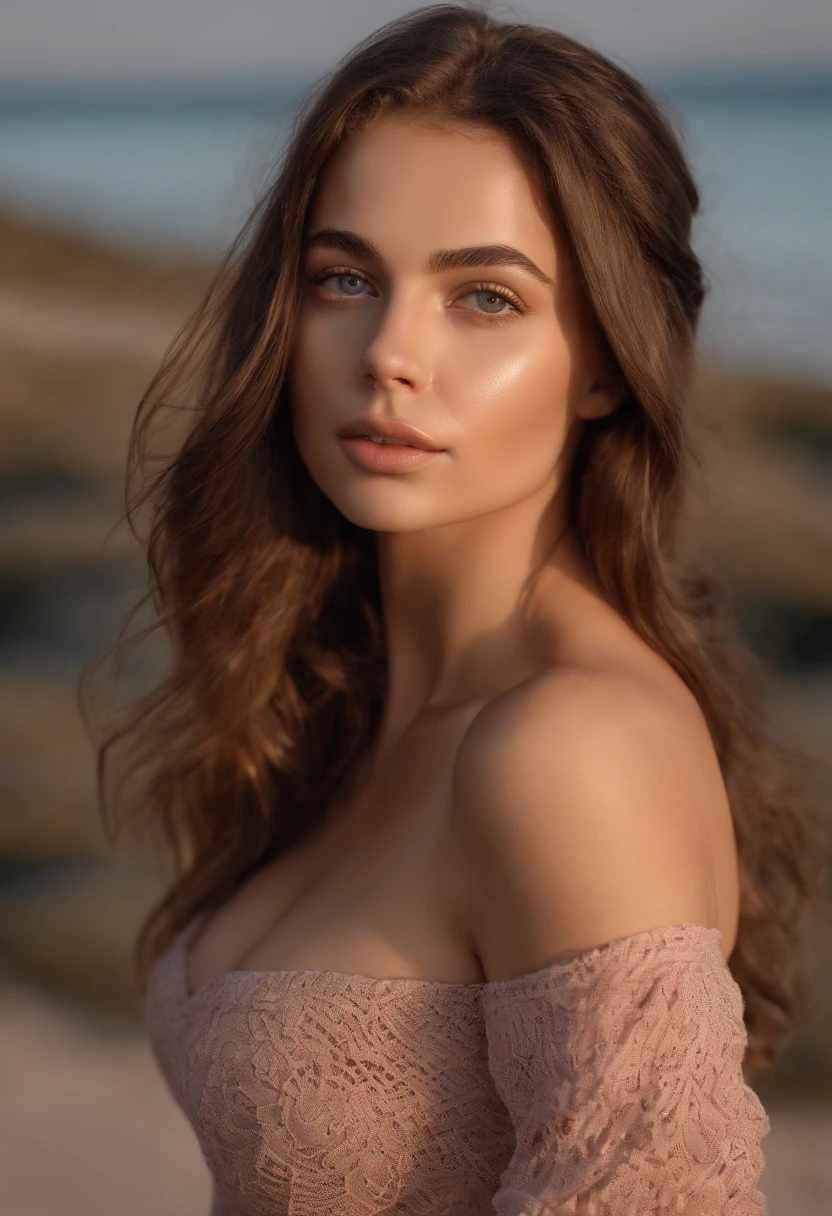 arafed woman on the beach with bikini sexy girl with brown eyes, ultra realistic, meticulously detailed, portrait sophie mudd, brown hair and large eyes, selfie of a young woman, bedroom eyes, violet myers, without makeup, natural makeup, looking directly at the camera, face with artgram, subtle makeup,, medium to large size bust