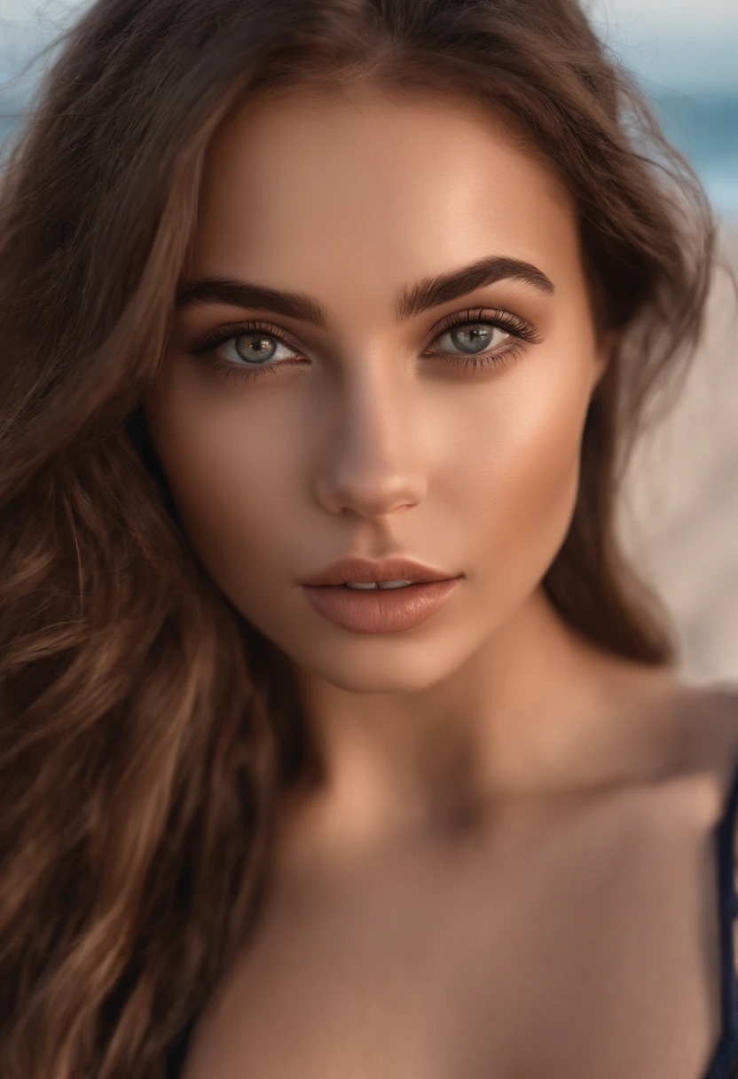 Latino and Swedish Woman, sexy girl with blue eyes, ultra realist, Meticulously detailed, Portrait Sophie Mudd, brown hair and big eyes, selfie of a young woman, beach background, black suite, with makeup, natural makeup, looking straight at camera , Face with Artgram, Subtle makeup, Great photo of the whole body kneeling on the bed, in the bedroom, Medium to large bust, in a sexy black bikini outfit, standing on the beach