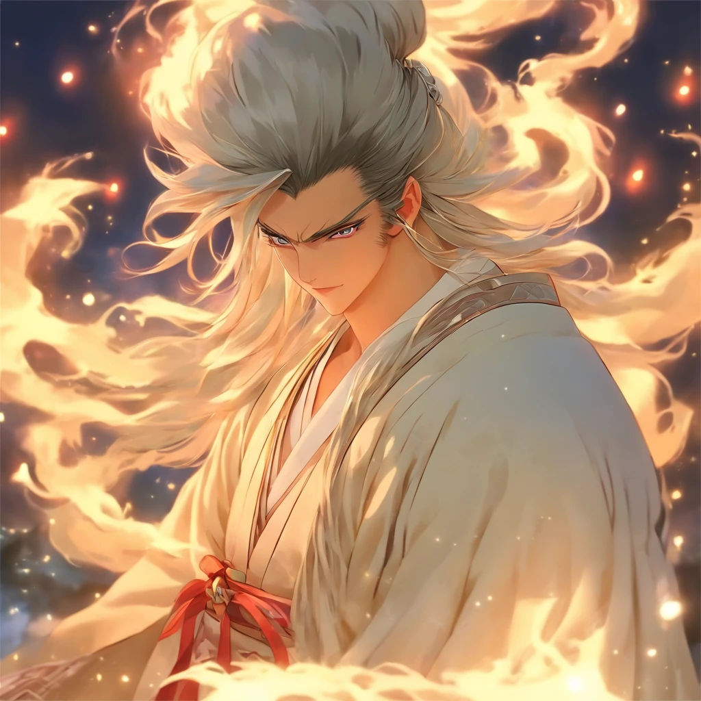 Handsome boy，Good facial features，White Hanfu，long  white hair，He has long flowing black hair，Wide robe with large sleeves，Ancient wind，Solid color clothes，The clothes do not have any patterns，adolable，laughingly，softlighting，Behind it is the full moon，