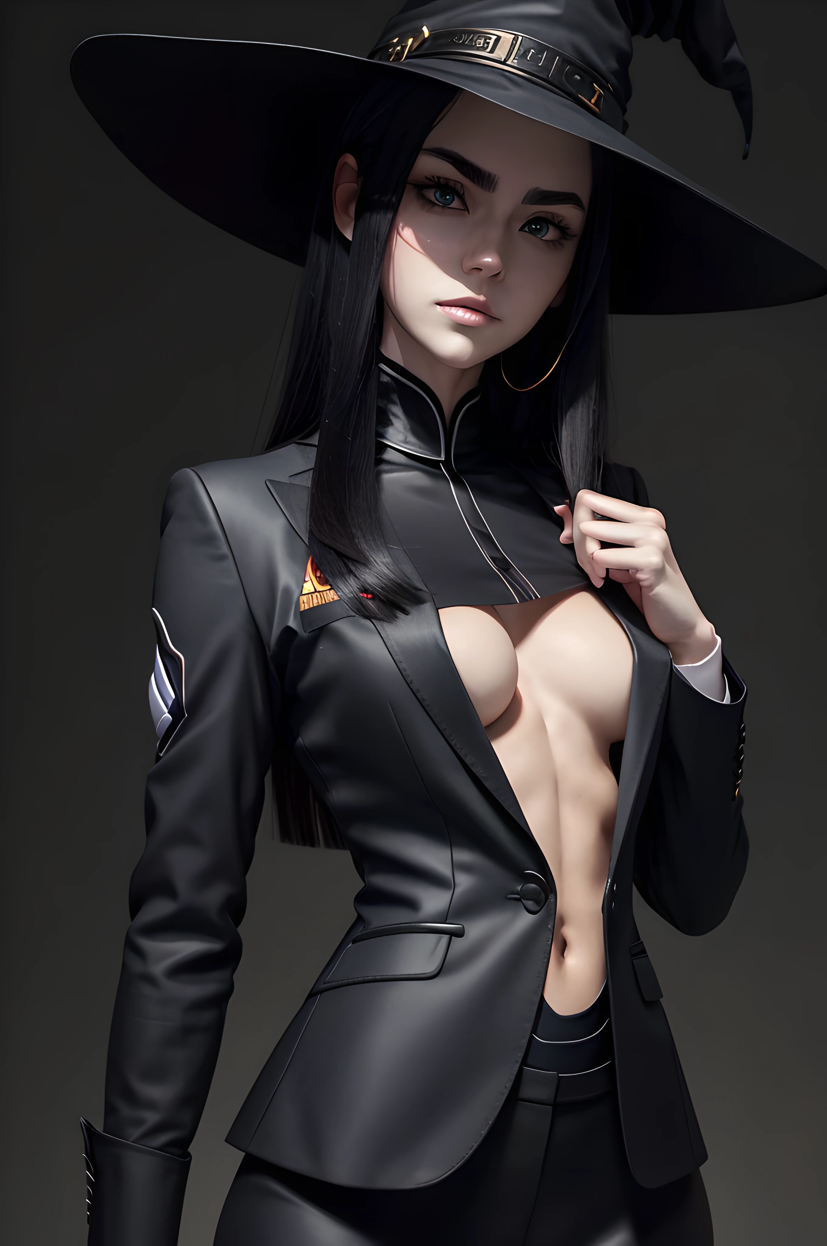 Sexy 1girl, The Witch in the Black Hat (beste-Qualit), (Masterpiece quality), ((business suit:1.5)). Detailed and detailed anatomy, Detailed body, shapely body, handsome body, Perfect body proportions, A perfect chest,((Thin body:1.2)), perfect figure, Curved body, Simple lines, Simple background, Dark background. dark witch character, black - haired mage, guweiz on artstation pixiv, guweiz on pixiv artstation, fashionable dark witch, artwork in the style of guweiz, in style of dark fantasy art, trending on artstation pixiv, epic exquisite character art.