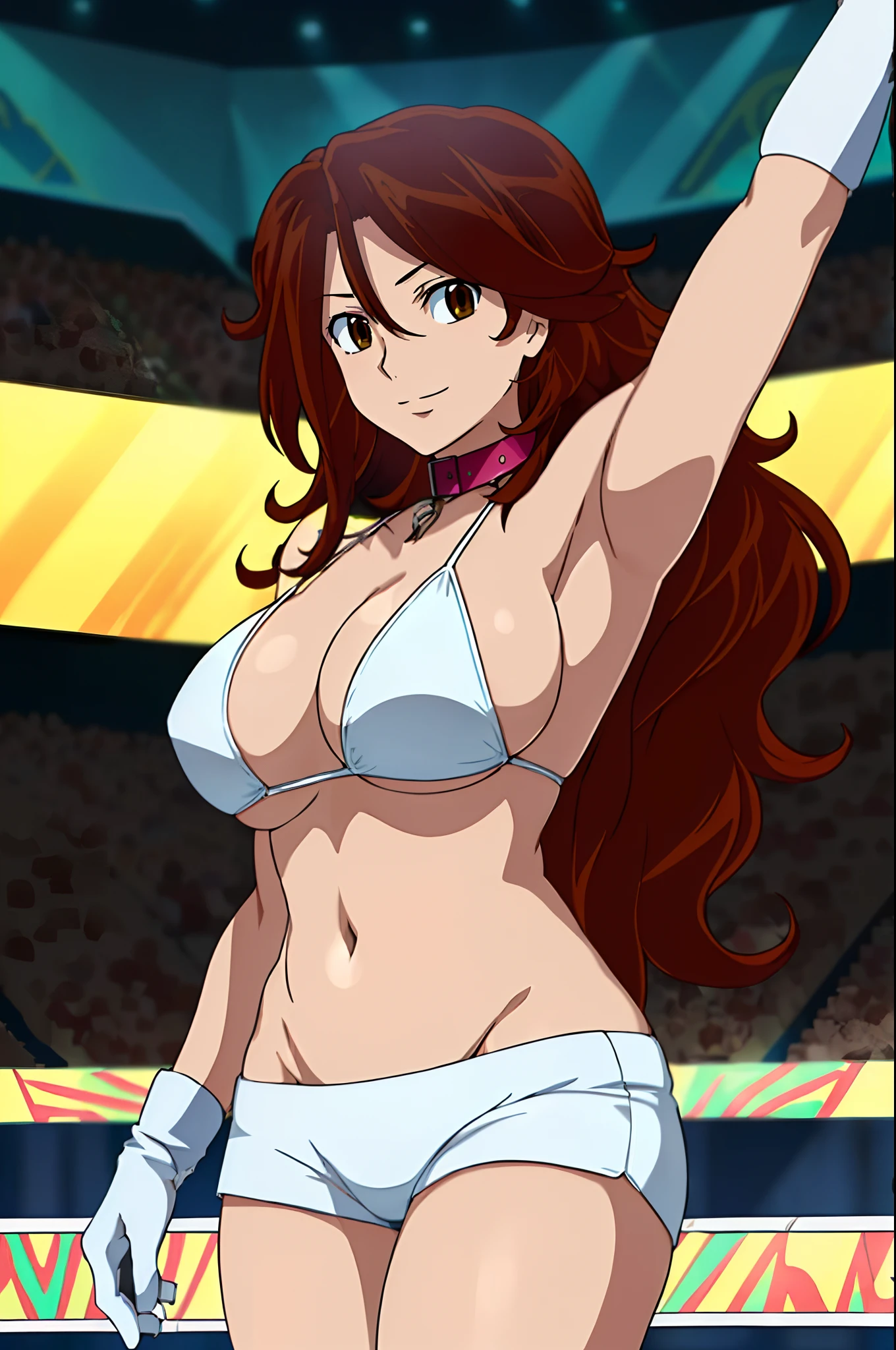 (wwe Maria), body view, anime style: 1.8, anime drawing, ultra detailed face, ultra detailed body, 4k, Sumergai Lee Noriega, (standing), best quality, anime style, hires, highest definition, digital blending, bold drawing lines, ((wwe diva), (location: wrestling arena, crowds watching), ( slim body, little biceps, thighs, off-shoulders, (curvy: 2.8)), ((white bikini, shorts, groin, , white gloves, collar)), victorious, winner, gentle, (big breasts, smile), (big eyes, brown eyes), (clapping), (brown hair, loose hair, curly hair, wavy hair, long hair, missy hair), 27 years old,