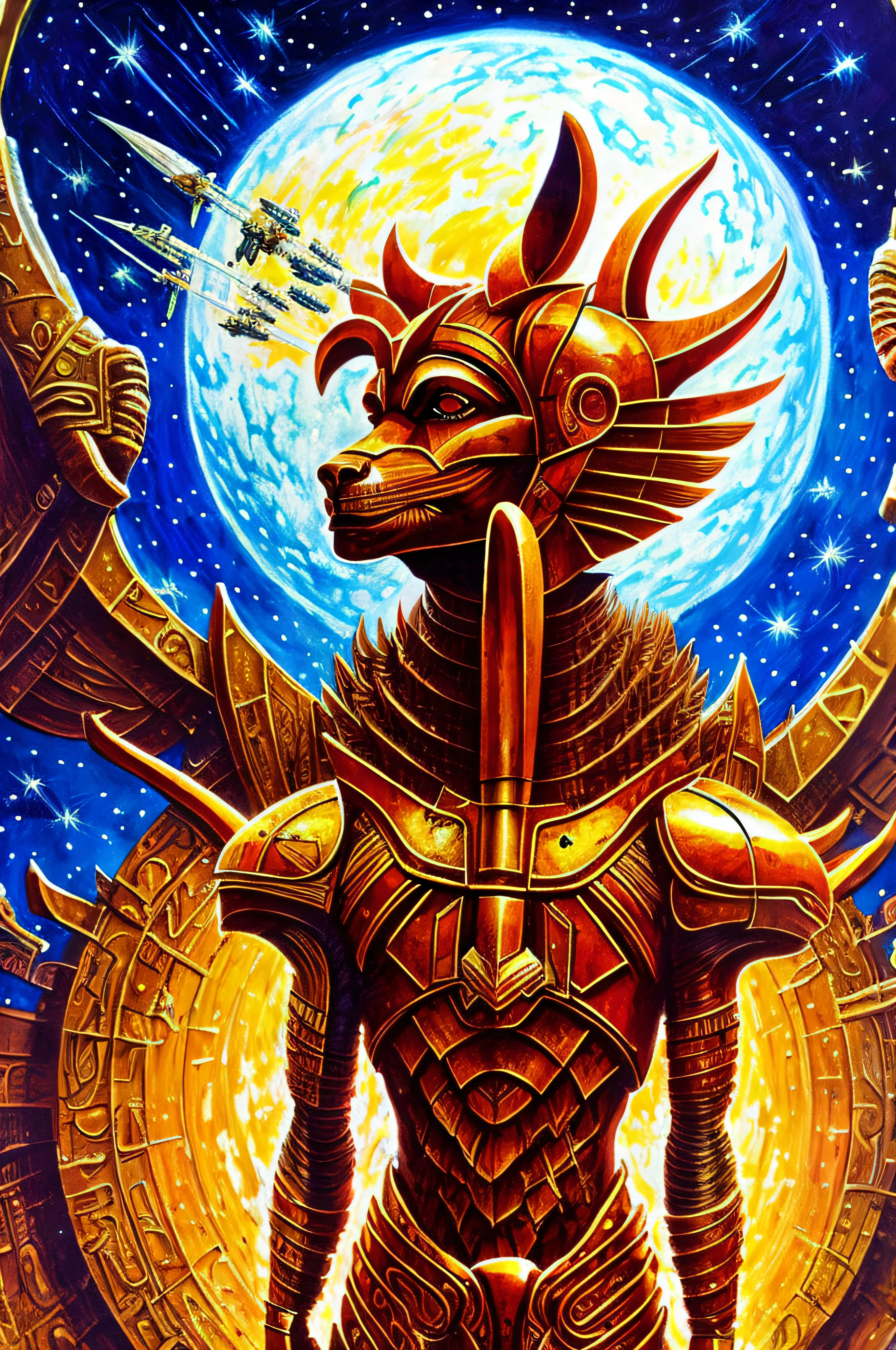 anubis, the god of funerary rites, protector of graves, and guide to the underworld
science fiction, complex background   futuristic Egypt , spaceship , stargate
dark, dim light, realistic, photorealistic 
(  digital painting by Enki Bilal)((masterpiece, best quality, )),